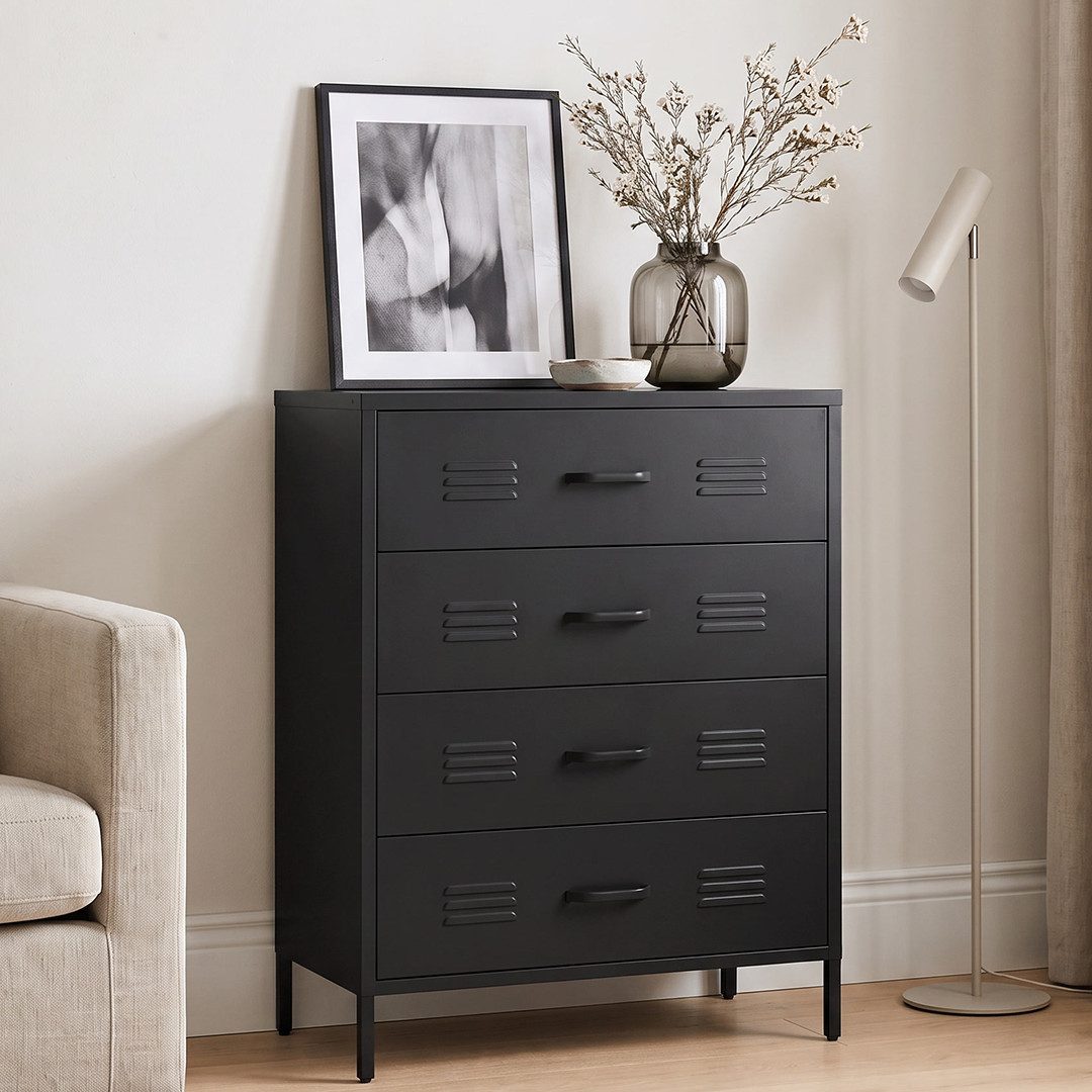 skølm Kommode Atria aus Metall (Schwarz), Sideboard mit 4 Schubladen, Metallschrank mit höhenverstellbaren Füßen