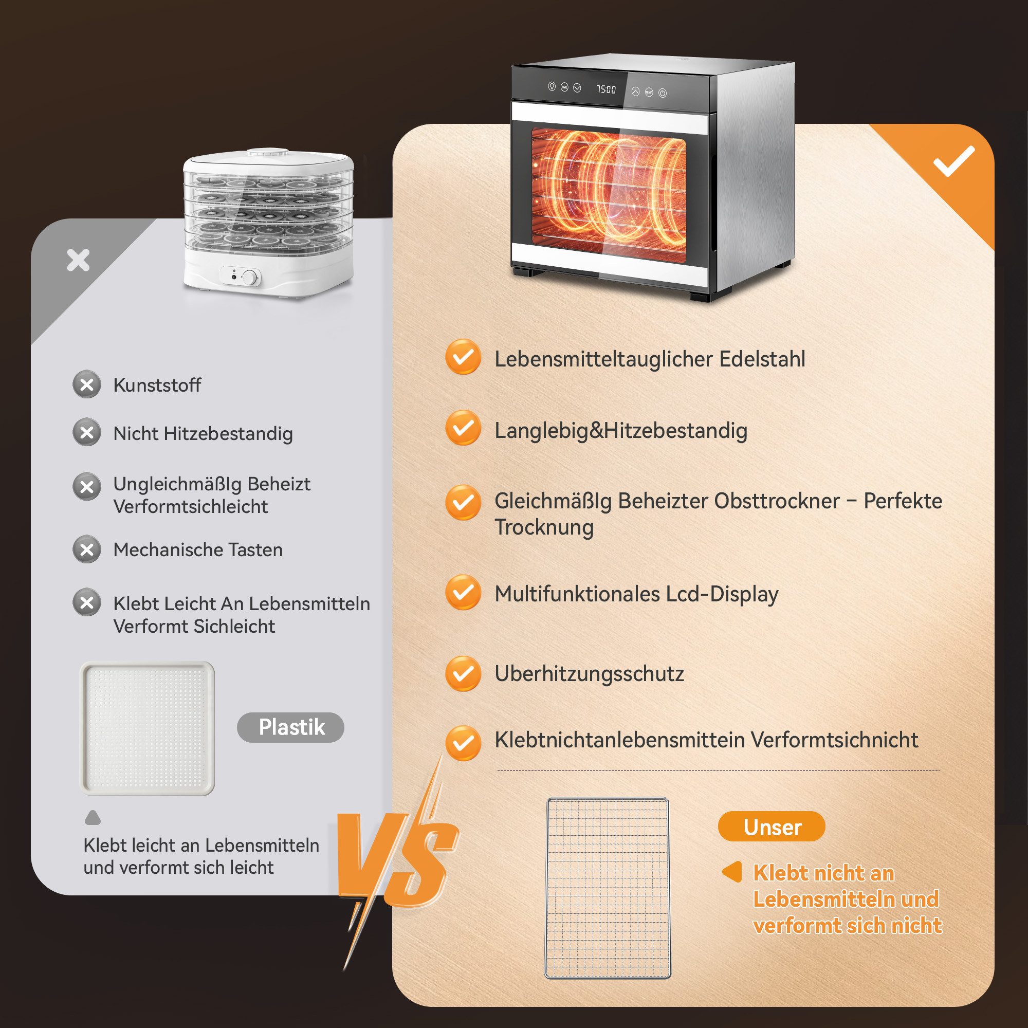 Furnicopia Dörrautomat Edelstahl Lebensmitteltrockner – 10 Tabletts, 48h, 850W 650 W, 8 Etagen, 360°-Umluft, 24-h-Warmhalten, für Obst, Jerky u. a., inkl. Rezep – Bild 3 von 5