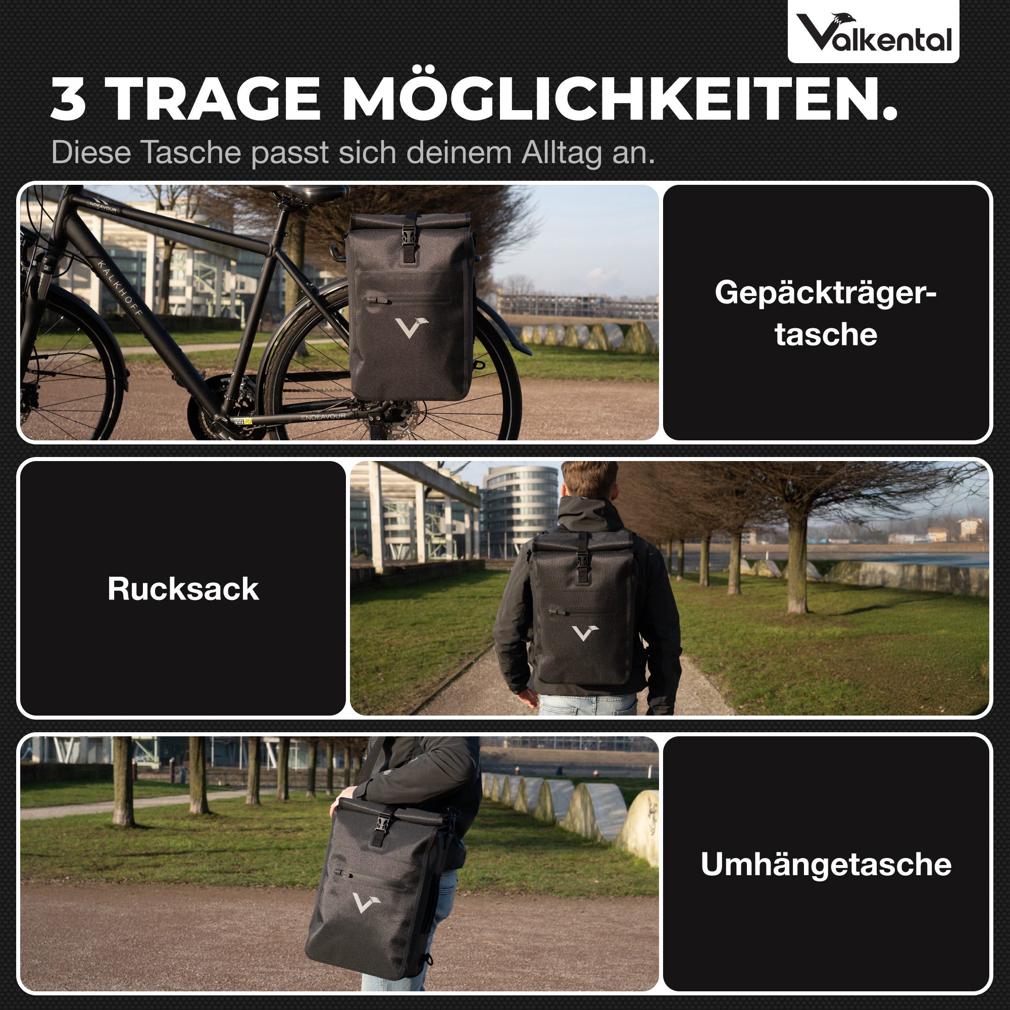 Valkental Fahrradtasche Gepäckträgertasche, Rucksack und Umhängetasche, 3in1 - wasserdicht & reflektierend 25 L