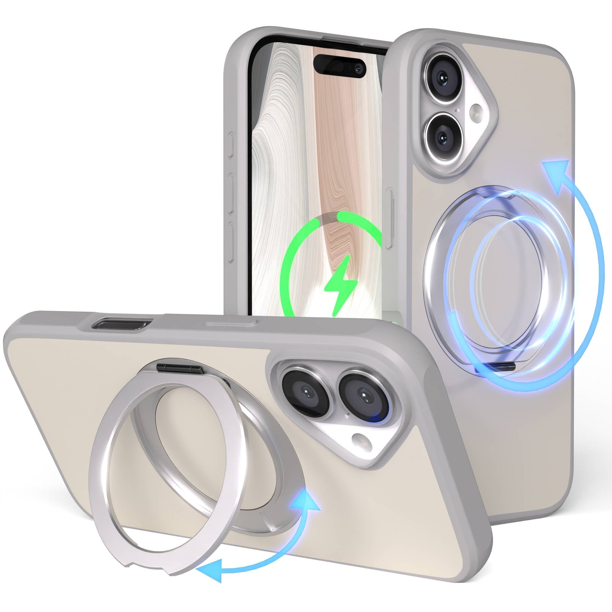 EAZY CASE Handyhülle Outdoor Apple iPhone 16 Case MagSafe Rotation Ring 6,1 Zoll, Moderne aufstellbare Handyhülle stoßfest Bumpercase kratzfest in Grau