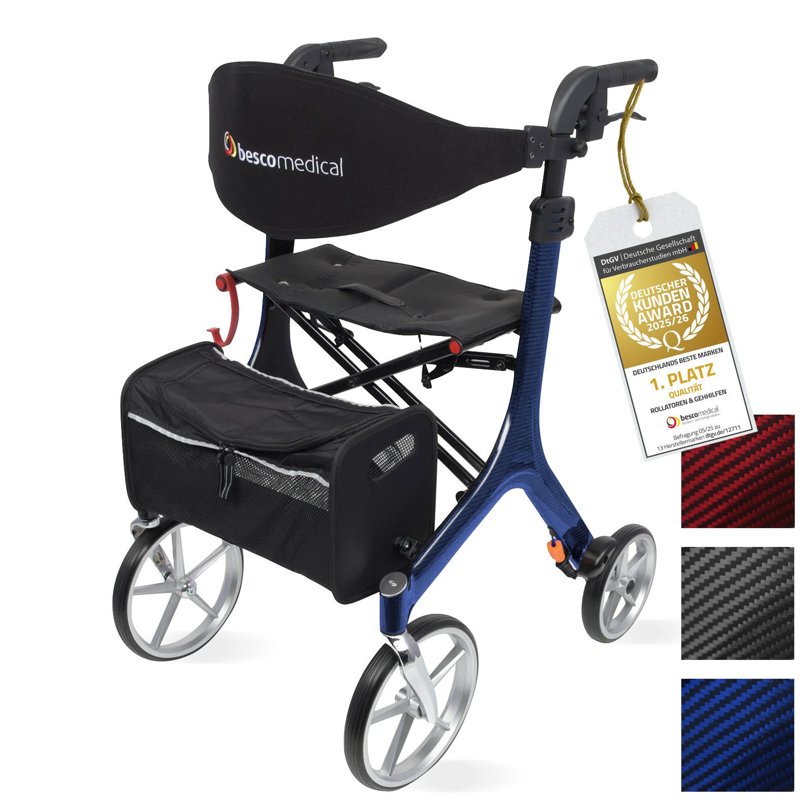 bescomedical Rollator CARBON - Premium Leichtgewichtrollator - faltbar & höhenverstellbar, ultra leichte Gehhilfe - mit Rückengurt, Netztasche und Stockhalter