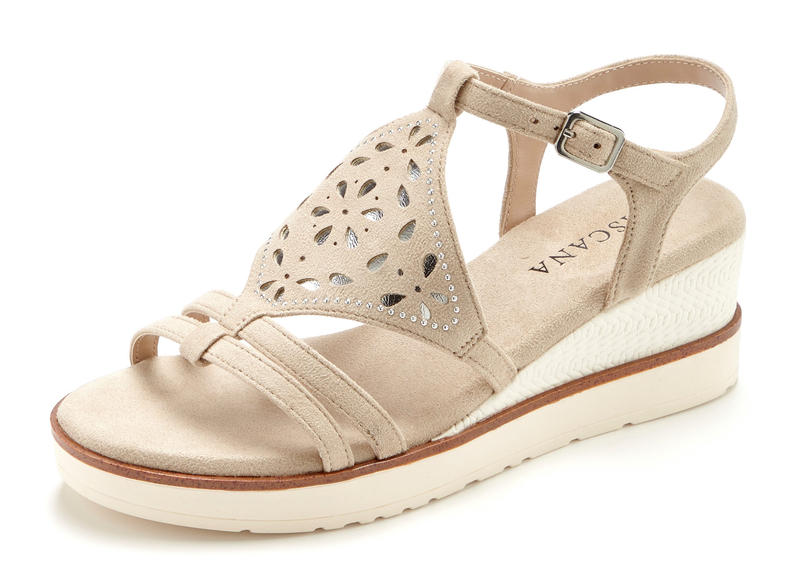 LASCANA Sommerschuh, offener Schuh, Sandale, Keilsandalette, Sandalette mit Keilabsatz gepolsterter Innensohle VEGAN