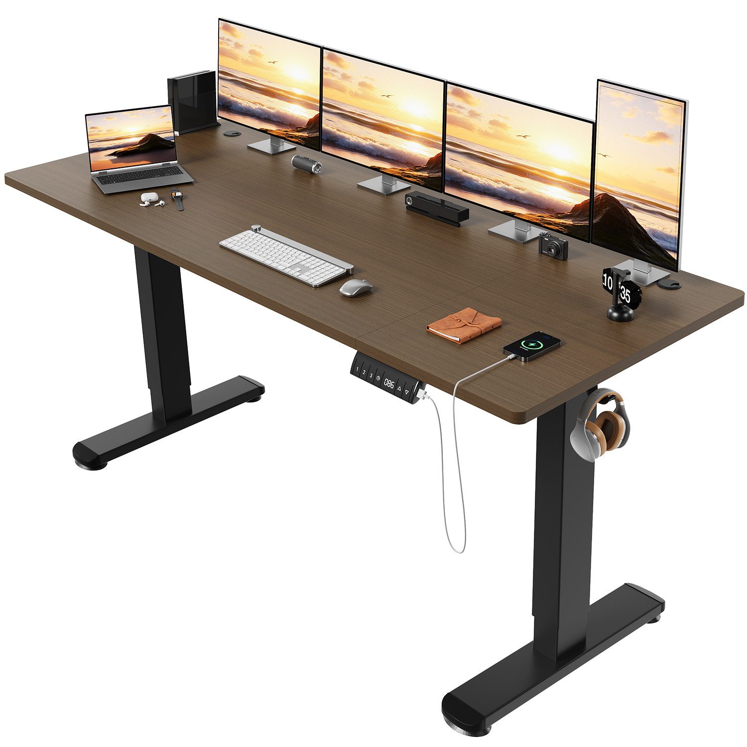 HOMALL Schreibtisch Höhenverstellbarer Elektrisch Schreibtisch, Vierteilige Tischplatte (Große Maße: 140 × 70 cm, 160/180 × 80 cm, mit USB-Ladeanschluss, in 3 Stufen höhenverstellbar, ostern geschenke)