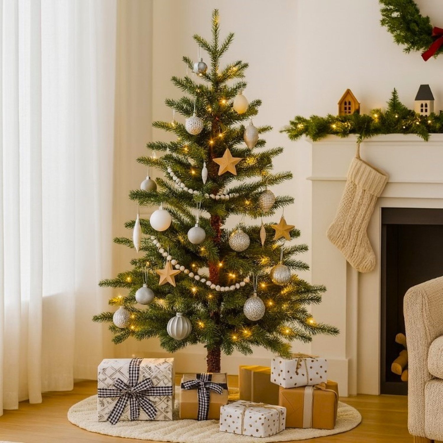 Online-Fuchs Künstlicher Weihnachtsbaum mit LED-Beleuchtung (Lichterkette), 9 Leuchtmodi, Fernbedienug & Timer, 150 cm groß, Spritzguss Nadeln, 260 LEDs, Warmweiß oder Farbwechsel wählbar