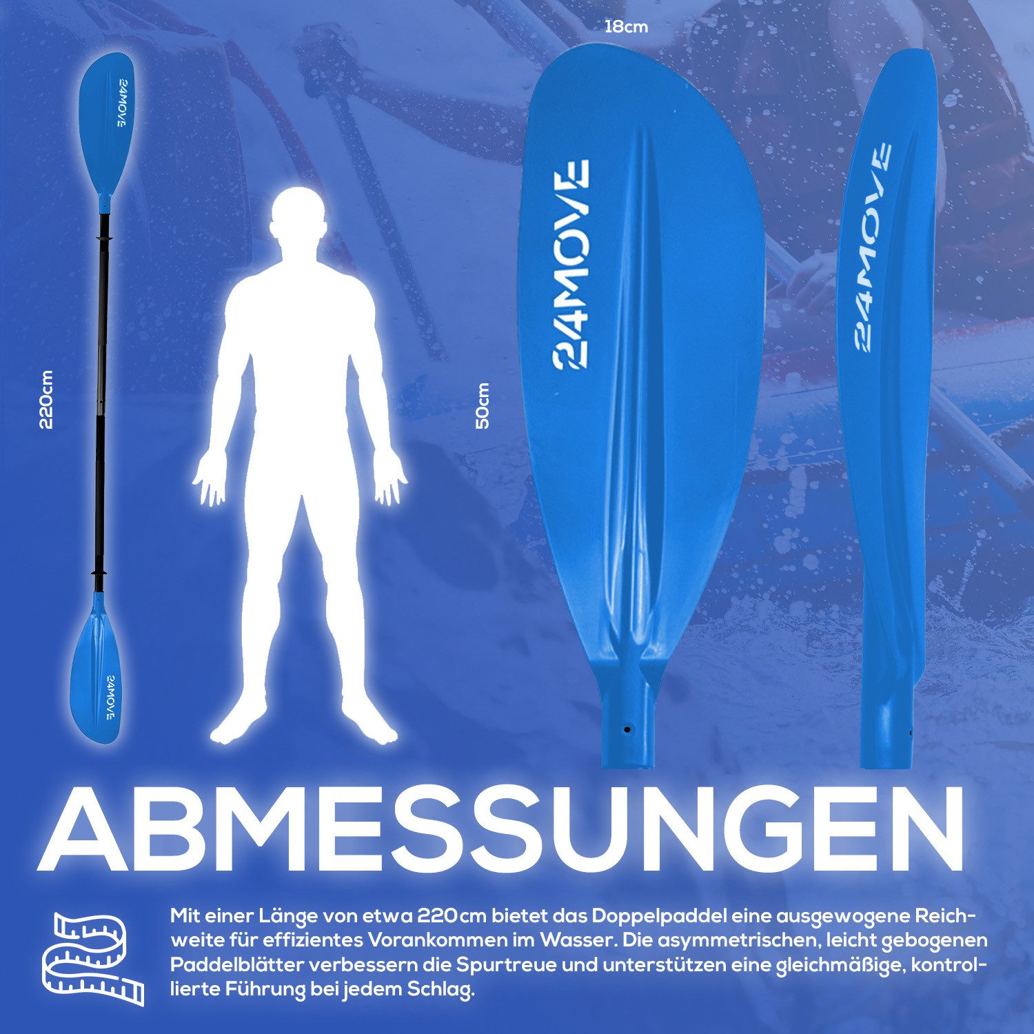 24Move Doppelpaddel, Stand Up Paddle Aluminium SUP-Paddel, (Winkelverstellung, universell einstellbar, verstellbar, 2-teilig, SUP-Paddel), für Paddelboards, Kajakboot und Ruderboot