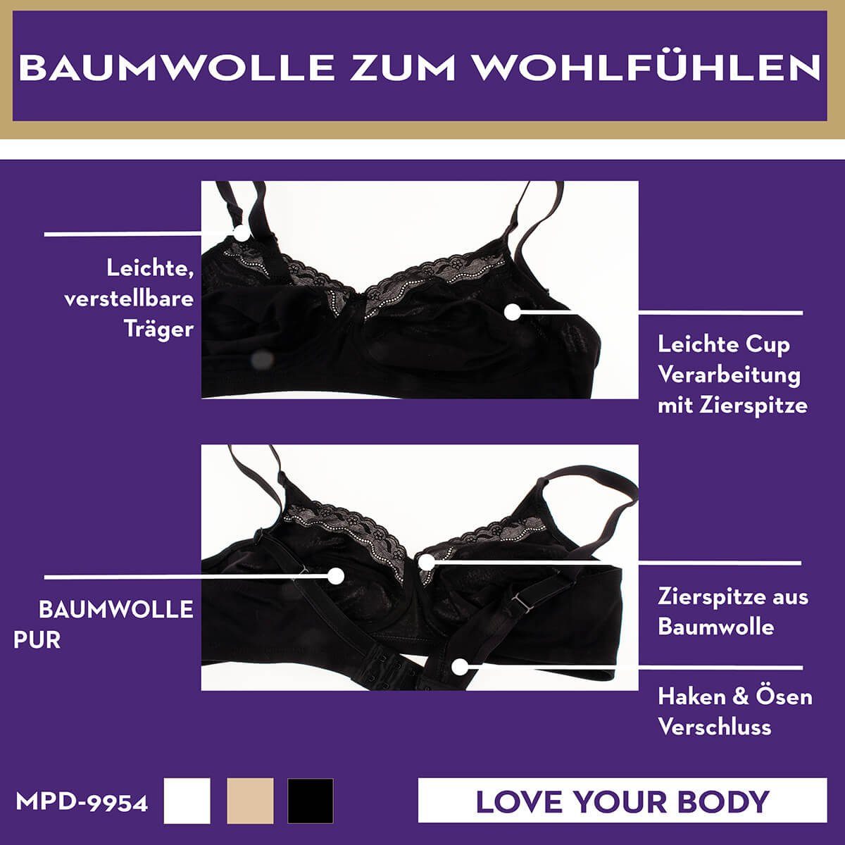 Miss Perfect Bügelloser BH 9954 Soft BH ohne Bügel aus Baumwolle mit Spitzenborte