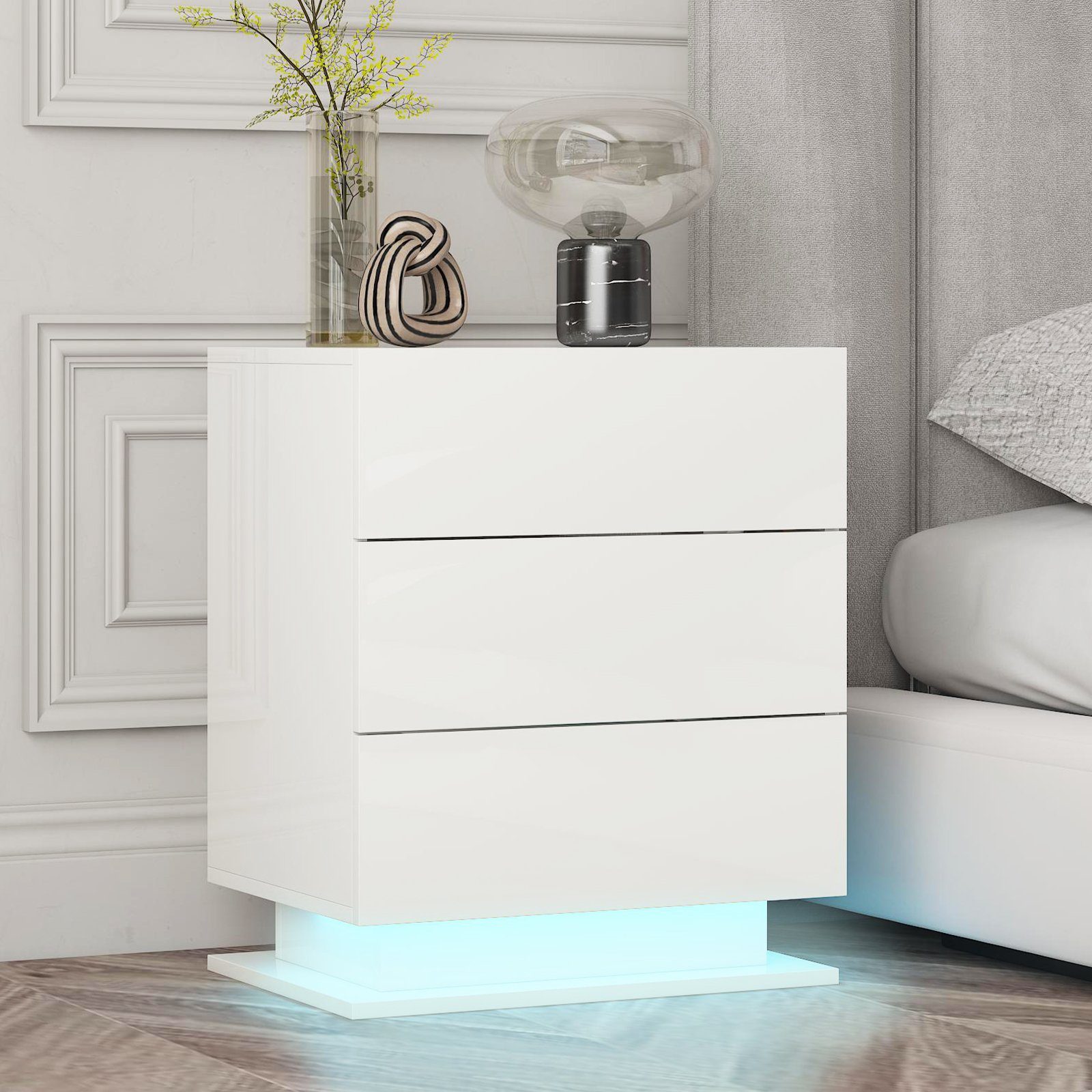 Kommode Nachtschrank LED Hochglanz Weiß Schubladen, Nachttisch 3 50x35x60cm mit radelldar