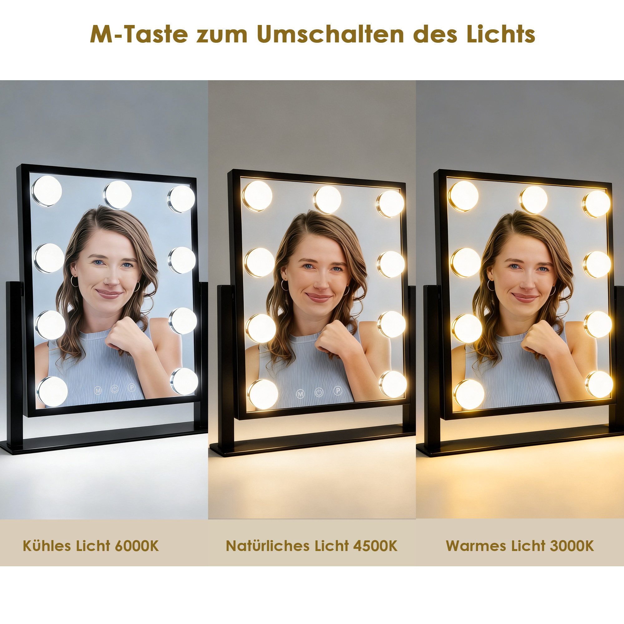 skelo Schminkspiegel mit Beleuchtung Hollywood Spiegel 33,5 x 30,5 cm, 9 LED Lampen (1-St., USB-betrieben (kein Akku enthalten), 360° Drehbar Kosmetikspiegel mit 3 Lichtfarben, Touch-Steuerung