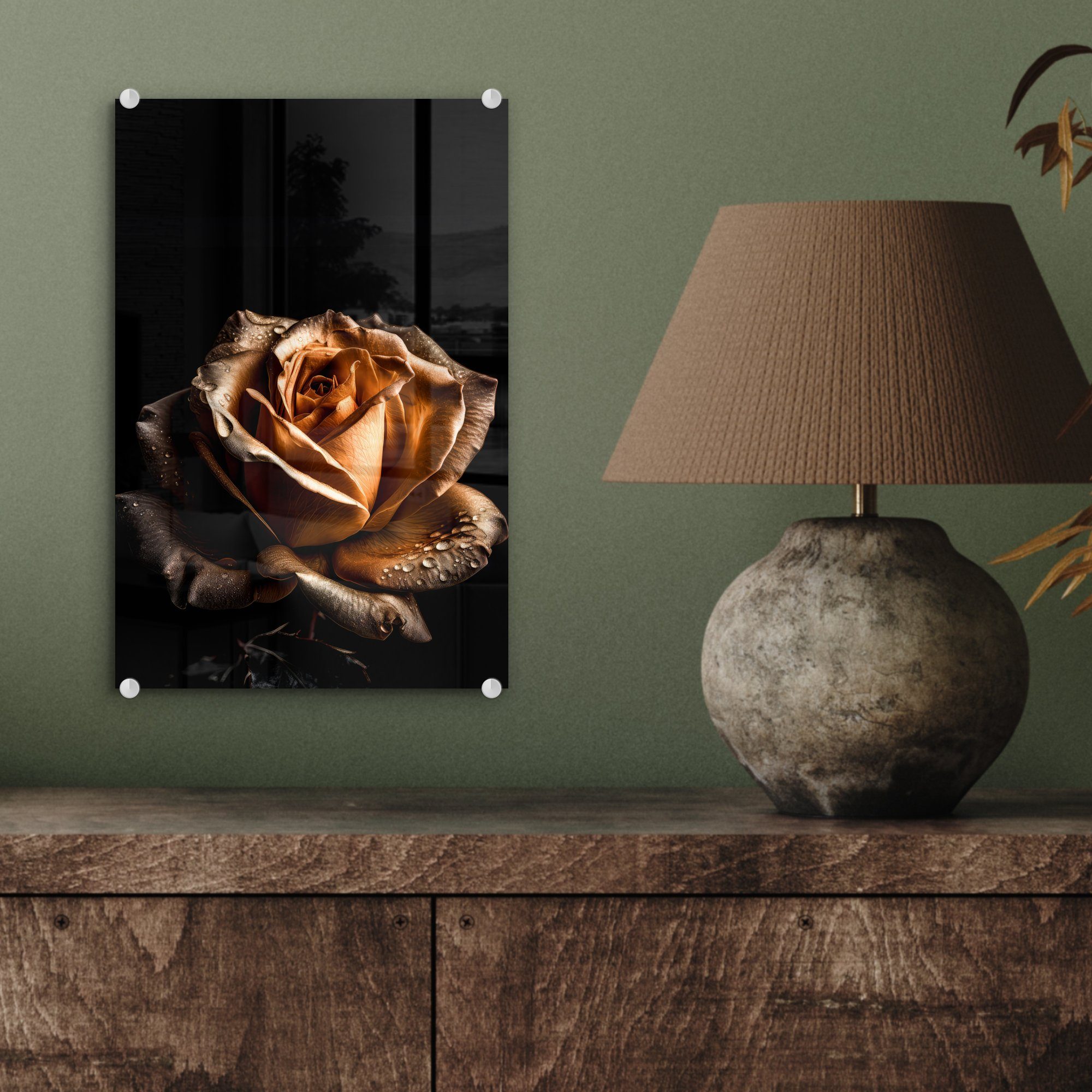 MuchoWow Acrylglasbild Rose - Gold (1 - auf - St), Blumen Botanisch Schwarz, auf Bilder - Glasbilder Glas - Wandbild Glas Wanddekoration Foto 