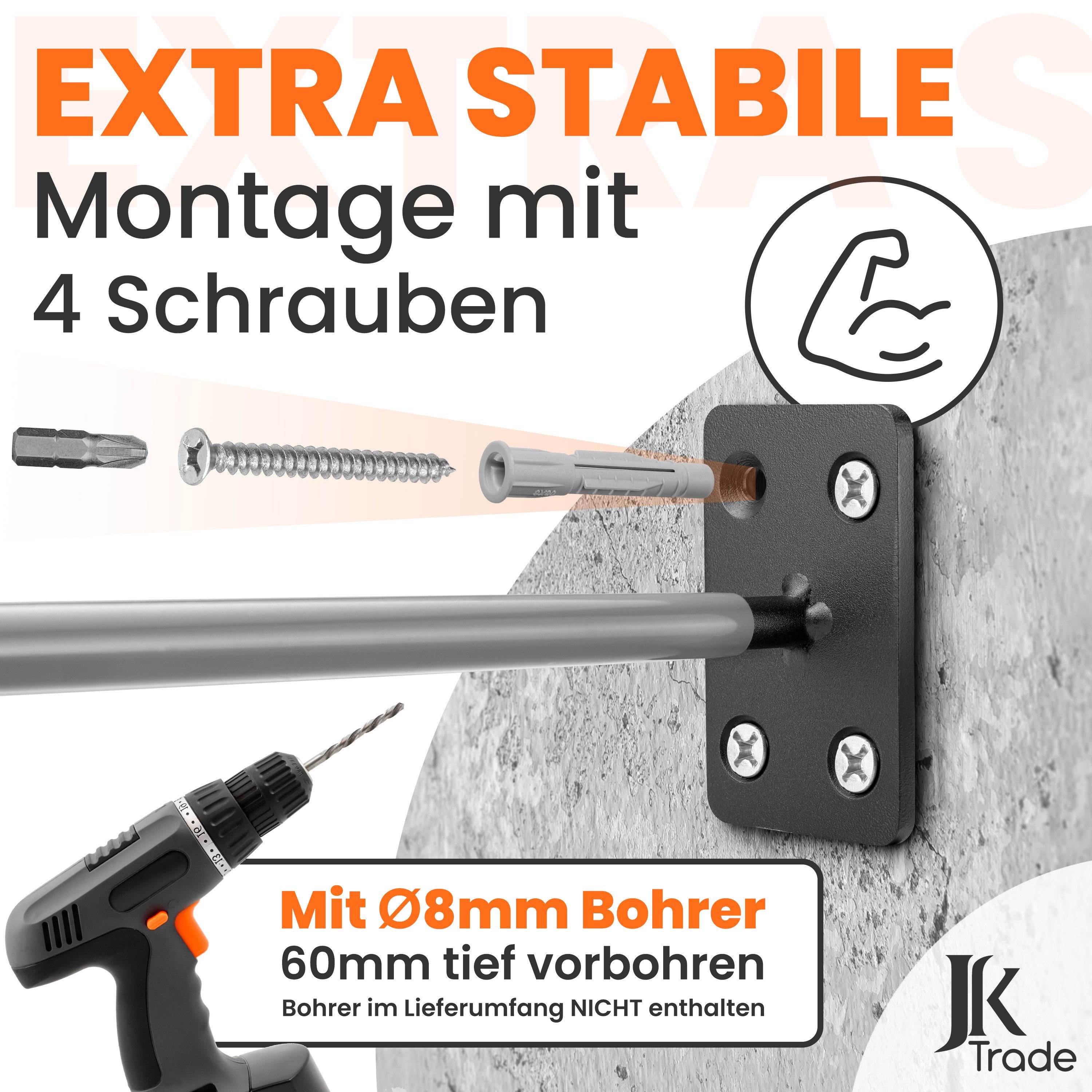 JK Trade Reifen-Wandhalterung 4er Set für Auto Felgen bis 40 kg, (bis 22 Zoll, 4x Reifenhalterung, 16x Schrauben & Dübel, Torx & Profiltiefenmesser, Massiver Stahl mit rutschfester Gummierung)