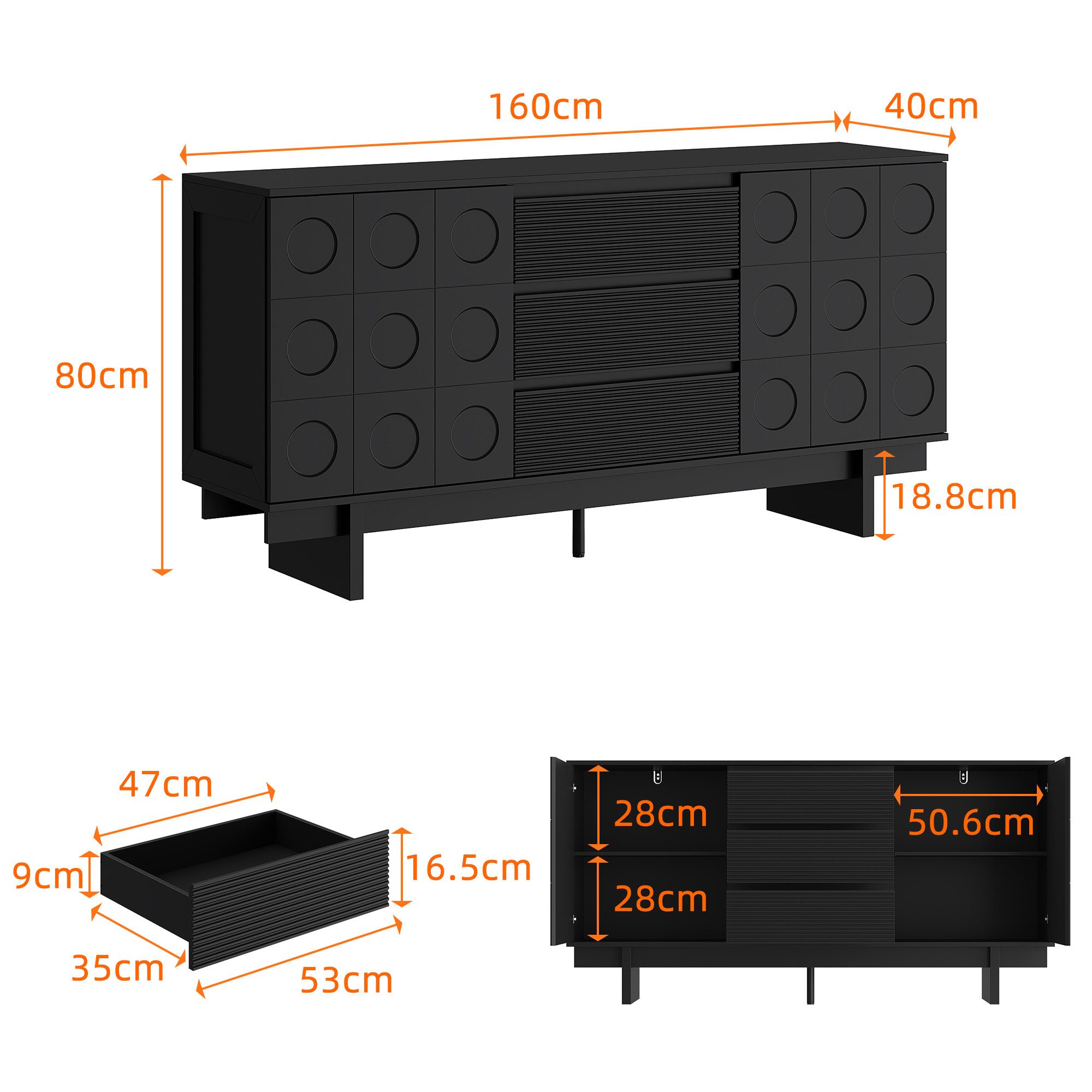 FUFU&GAGA Sideboard Modernes Sideboard, Kommode, schwarz matt, MDF, 160×40×80 cm