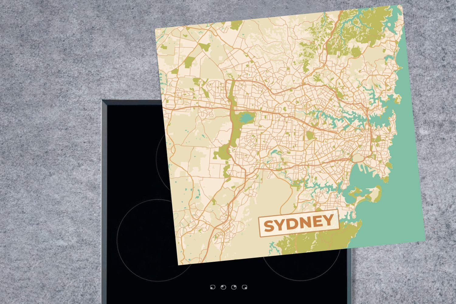 Vinyl, Sydney - MuchoWow tlg), Arbeitsplatte - - cm, Stadtplan (1 Vintage Herdblende-/Abdeckplatte Karte, küche 78x78 für Ceranfeldabdeckung,