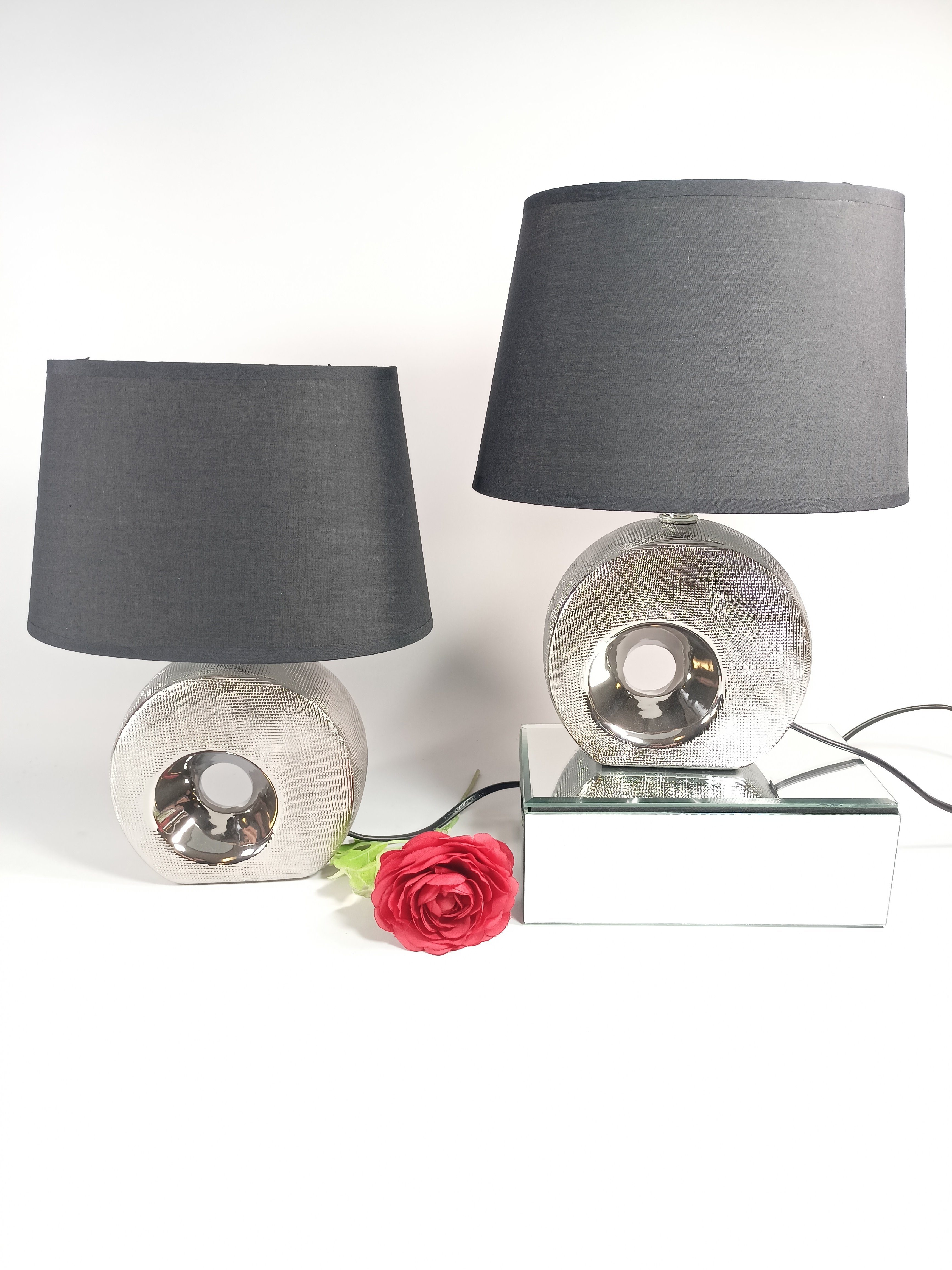 GlasArt Nachttischlampe 2er Set Lampen Nachttischlampe Leuchte Keramik Tischlampe  Tischleuchte Giovanni Rund Silber, ohne Leuchtmittel