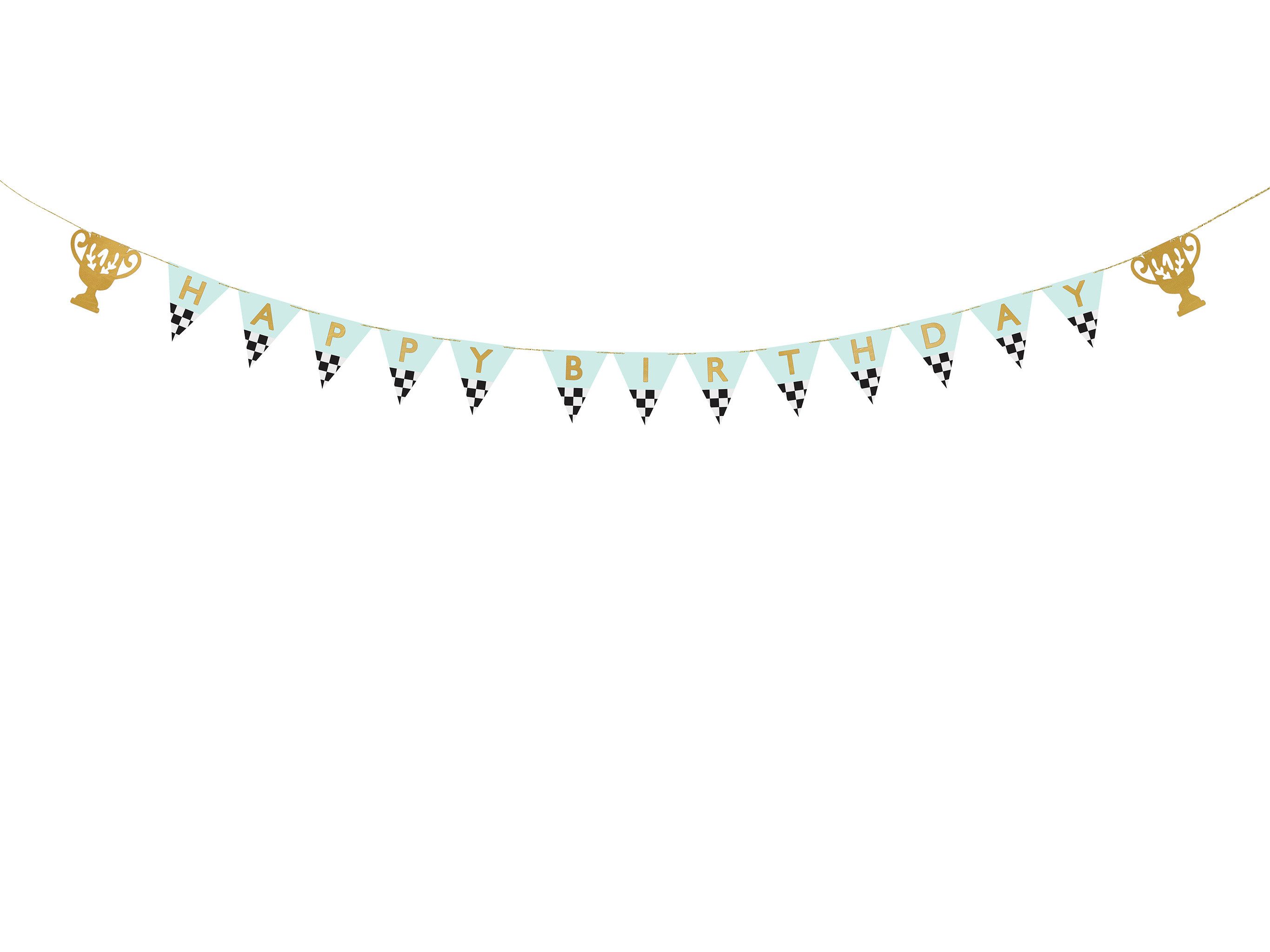 partydeco Hängedekoration, Happy Birthday Girlande 13x300cm Banner mit Racing Motiv Türkis / Gold