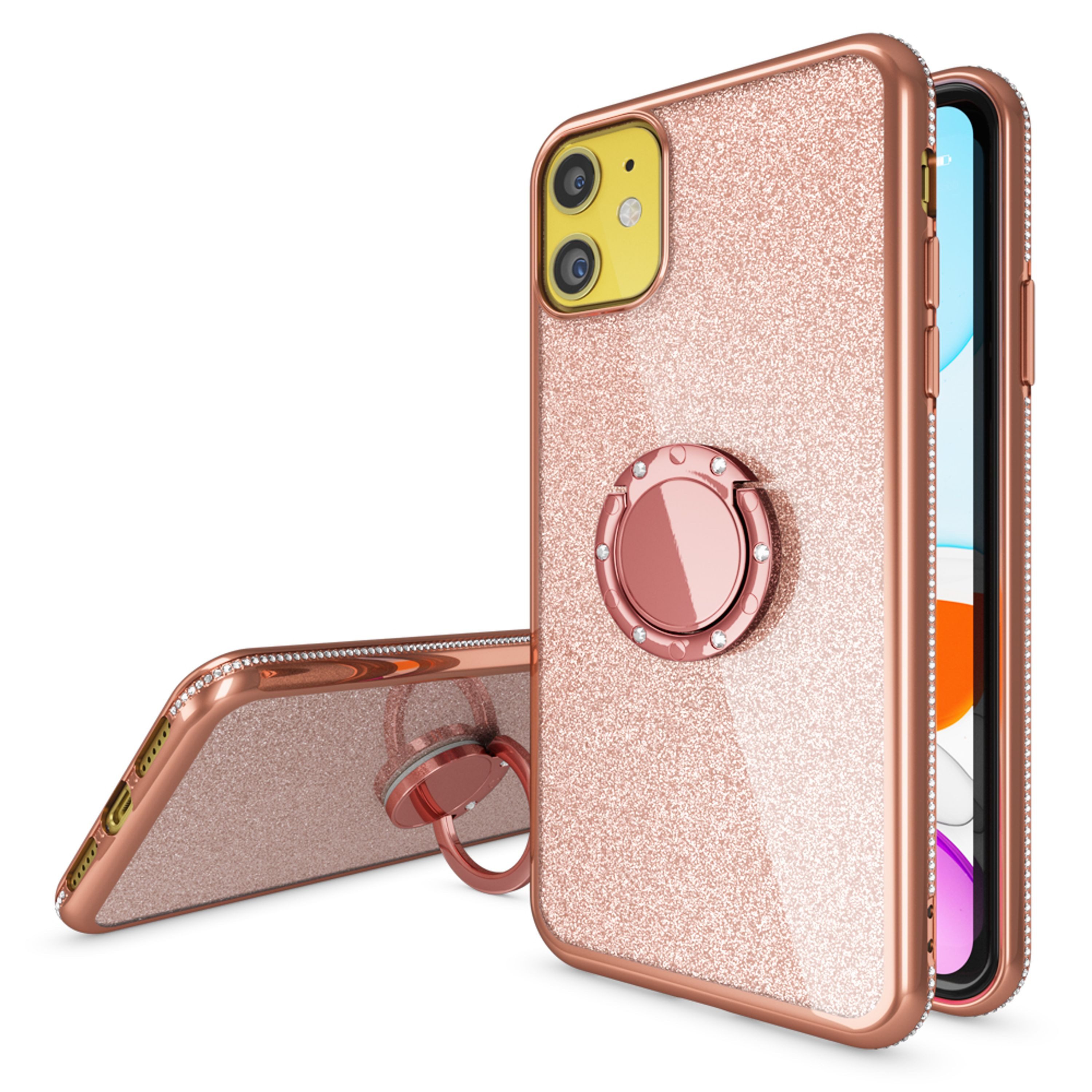 Nalia Smartphone-Hülle Apple iPhone 11 15,5 cm (6,1 Zoll), Glitzer Ring Silikon Hülle / 360 Grad Finger-Halter / Standfunktion