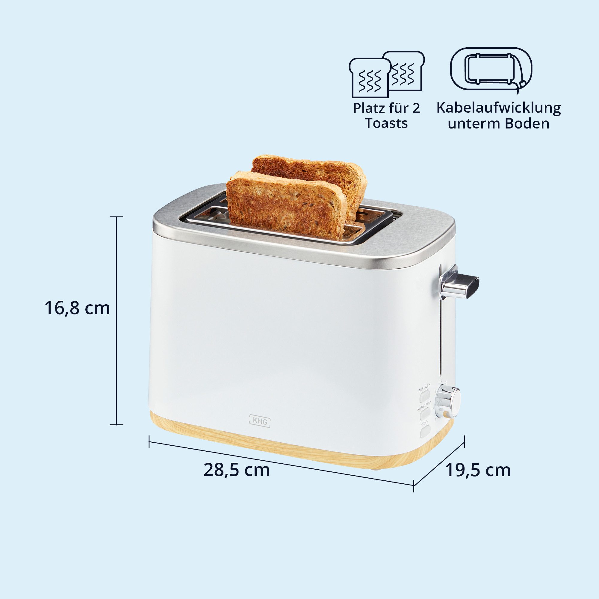 KHG Toaster Skandi Look Weiß, Auftau- und Aufwärmfunktion, 7 Bräunungsstufen, 2 kurze Schlitze, für 2 Scheiben, 800 W, Edelstahl, Brötchenaufsatz, Krümelschublade
