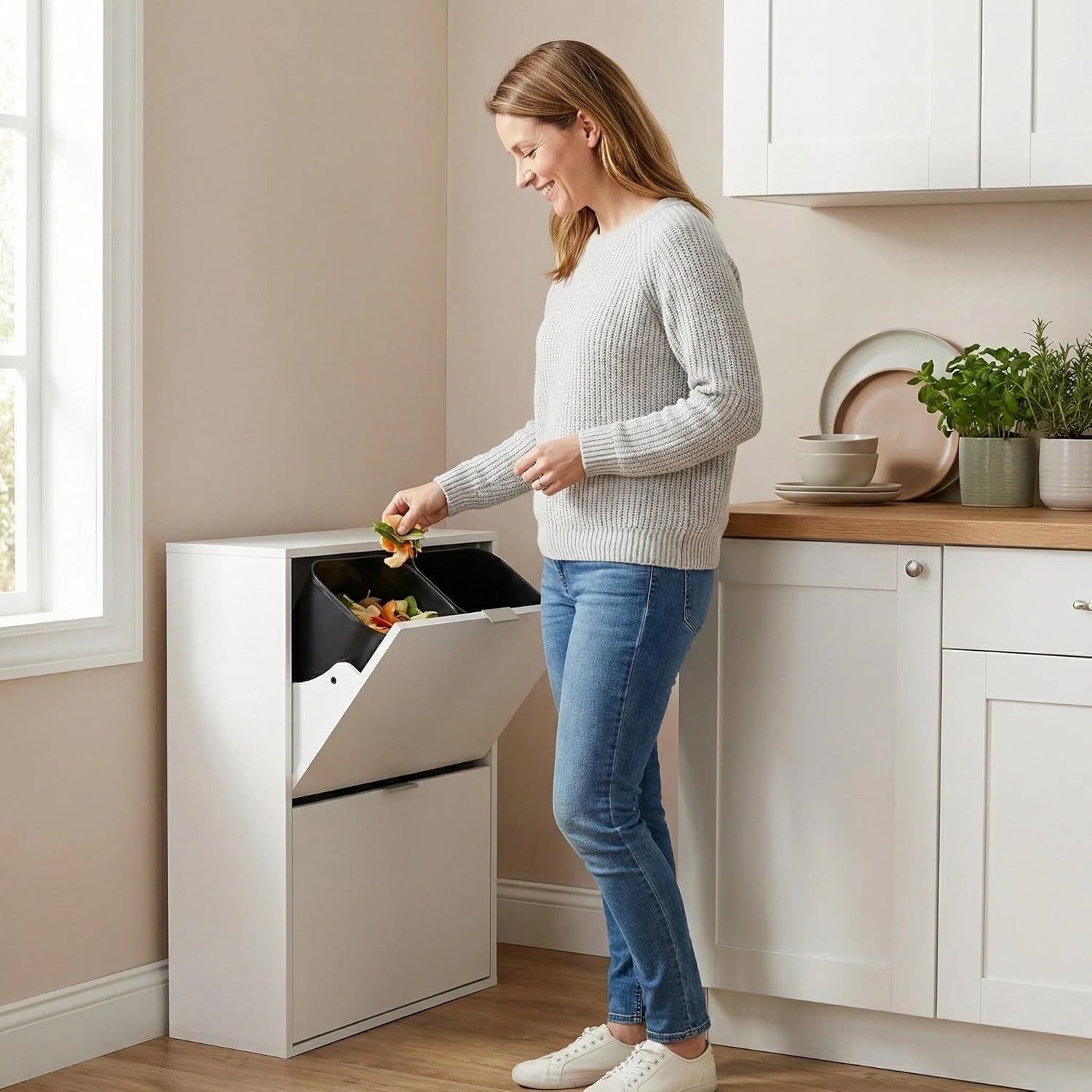 Happy Home Mülltrennsystem Platzsparender Mülleimerschrank mit 4 Einräumen für Mülltrennung