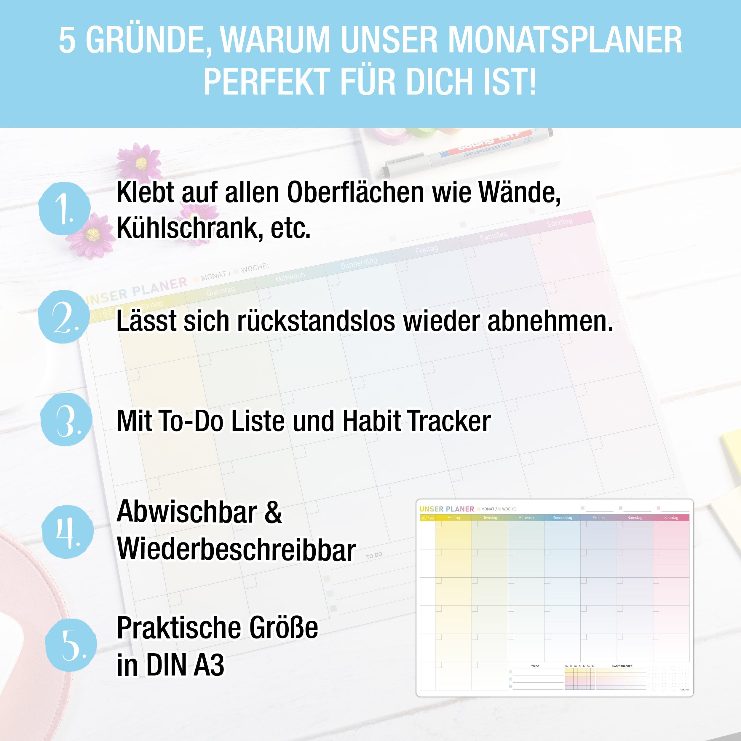 TOBJA Wandtafel A3 selbsthaftender Monatsplaner abwischbar, Wochenplaner Wh günstig online kaufen