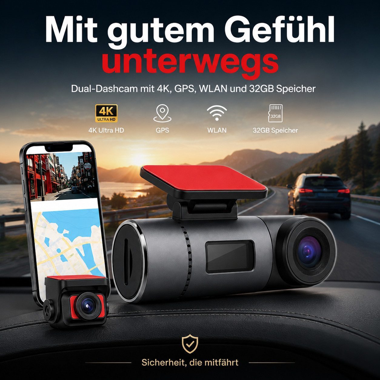Goldstern-Tech Camcorder (4K Ultra HD, WLAN (Wi-Fi), Dual-Dashcam Set – HD-Aufnahmen vorne & hinten, WLAN & GPS mit Nachtsicht, Parküberwachung & 32 GB SD-Karte)
