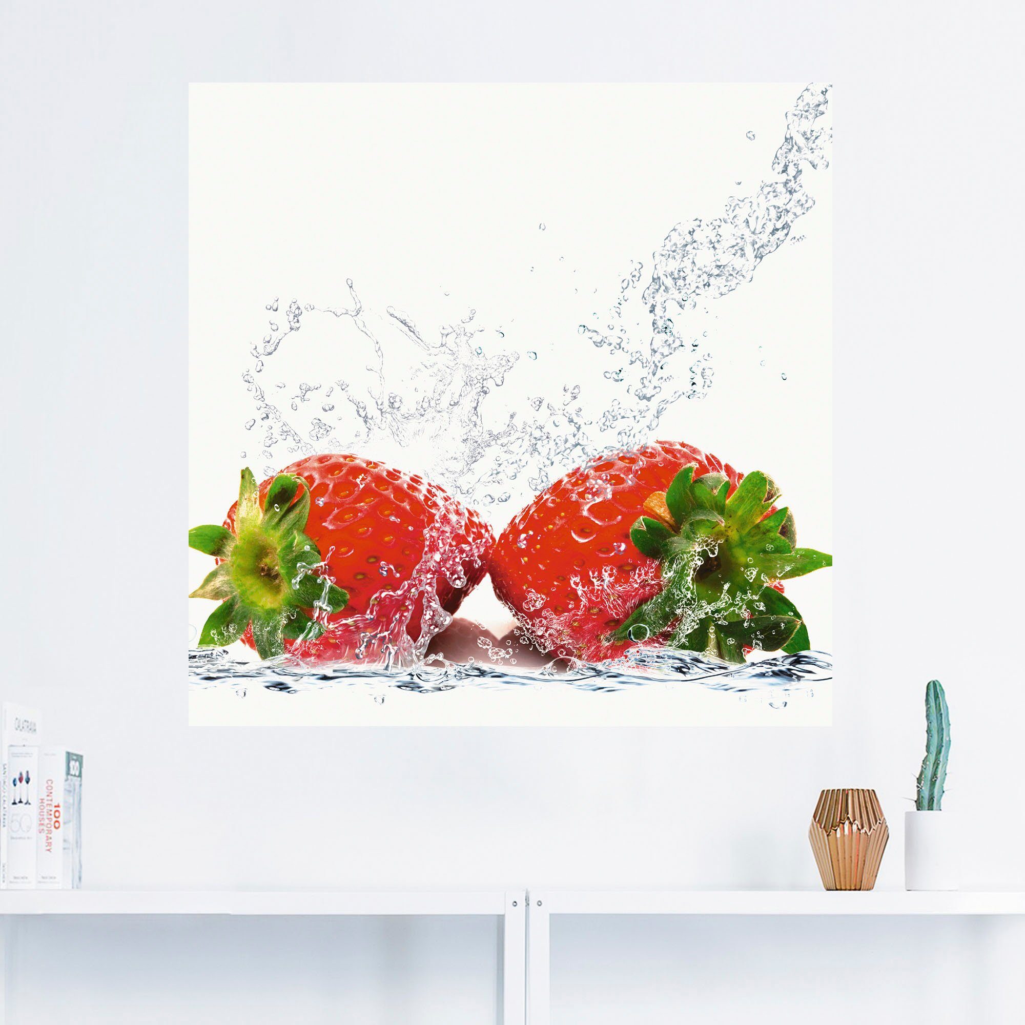 Größen Wandaufkleber Lebensmittel Poster Leinwandbild, versch. Spritzwasser, mit in (1 St), oder Alubild, Erdbeeren Wandbild als Artland