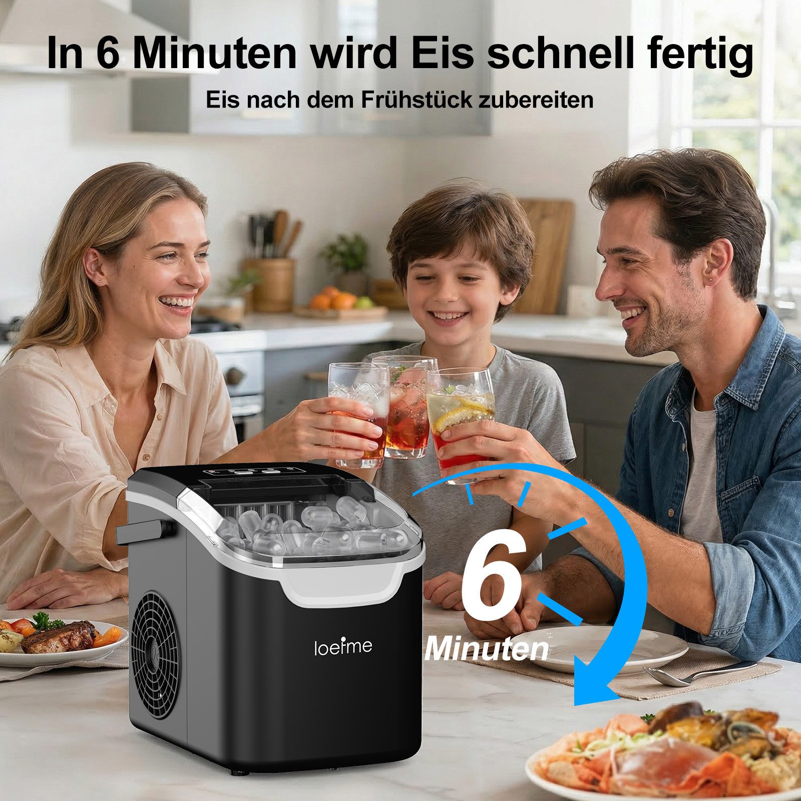 loefme Eiswürfelmaschine Tragbarer Eiswürfelbereiter, 6 Minuten Schnellproduktion, Selbstreinigung, leiser Betrieb, 12KG/24H, für Zuhause Party