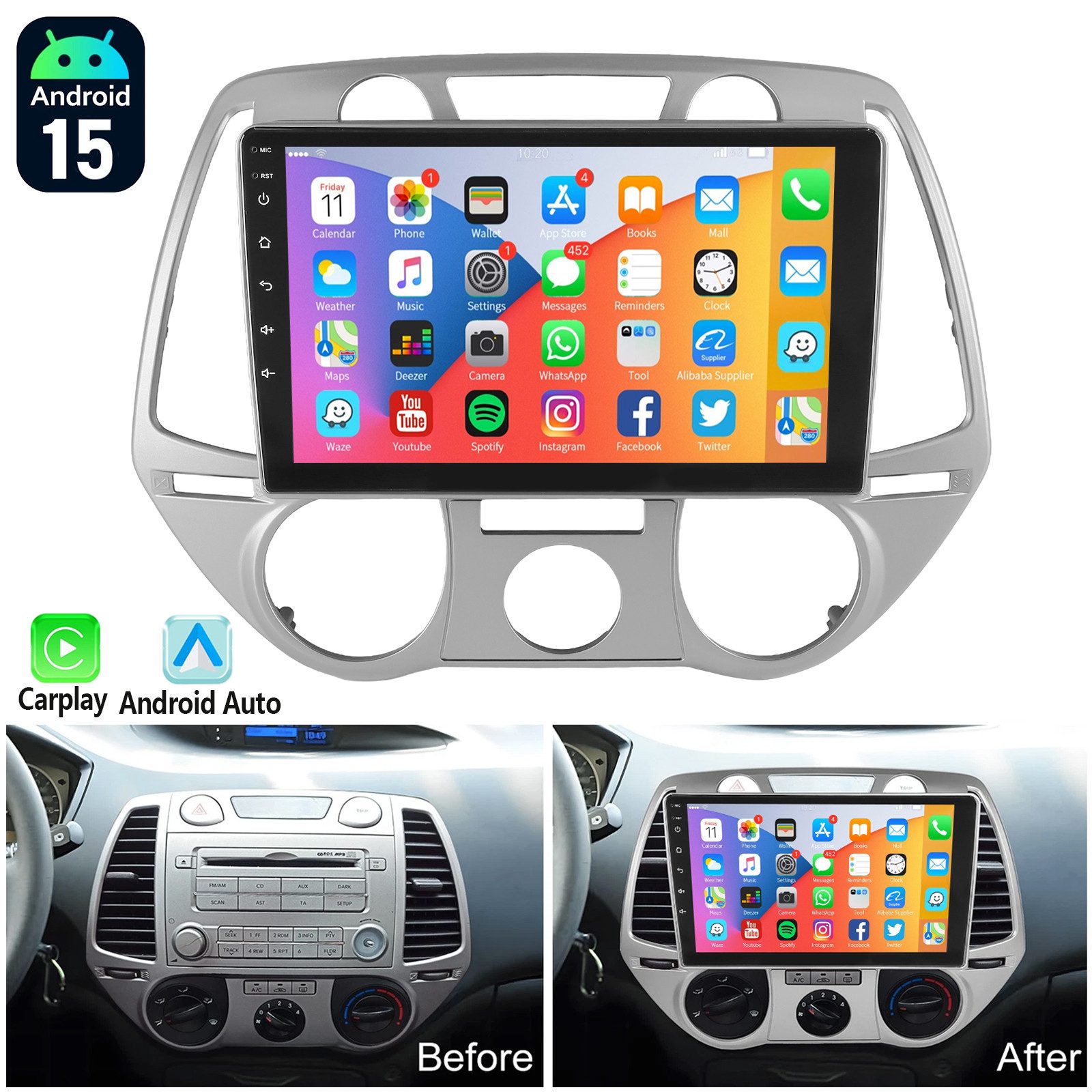 ESSGOO DAB+ Android 15 Carplay Für Hyundai i20 PB 2008-2011 GPS Navi Kam Autoradio (4+64GB(optional), DAB+ (optional), RDS, Mirror Link Apple Carplay Android Auto,ASP)
