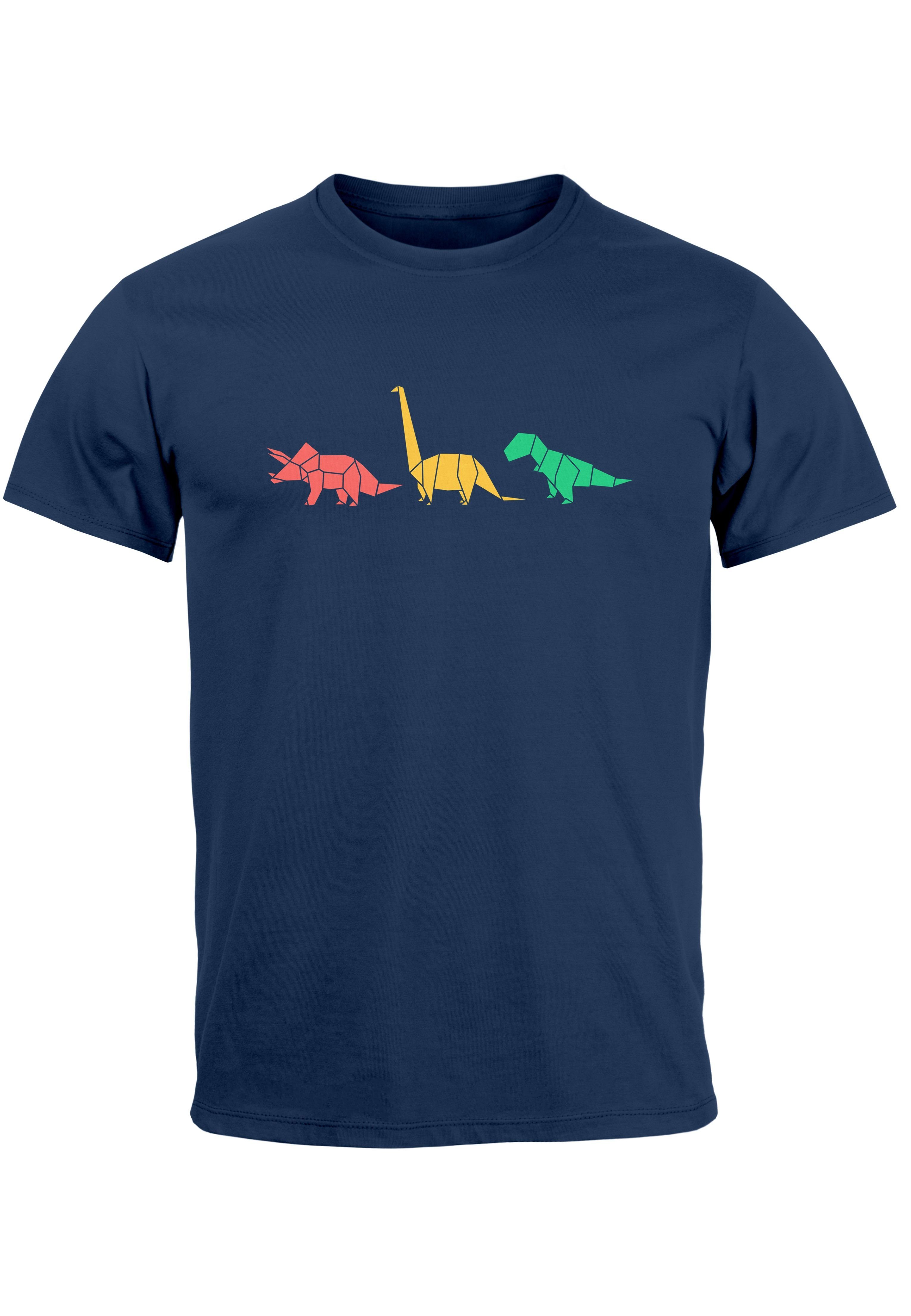 Neverless Print-Shirt Herren T-Shirt Dinosaurier Aufdruck Polygon Tiere Geometric Print Fash mit Print navy