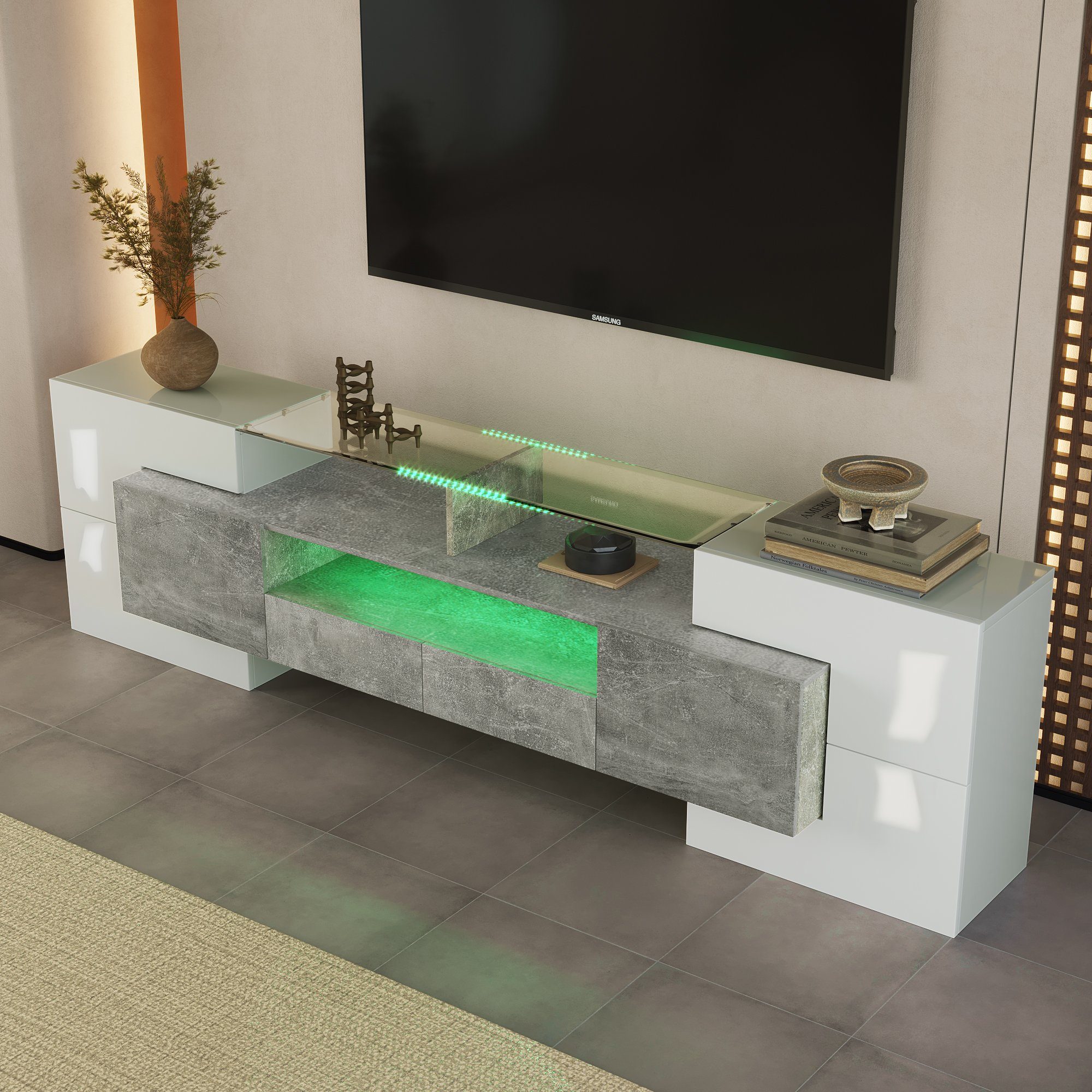 Glasoberfläche., Weiß+Grau Weiß, Lowboard cm) REDOM Elegante (1-St., 200 TV-Schrank LED-Beleuchtung