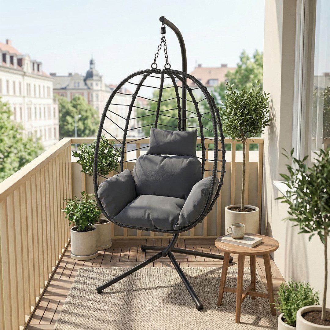 STEELSØN Hängesessel Alarian höhenverstellbar und faltbar (dunkelgrau/schwarz, mit Gestell und Sitzkissen, bis 150 kg belastbar), mit großem Korbsitz für indoor & outdoor, aus Polyrattan