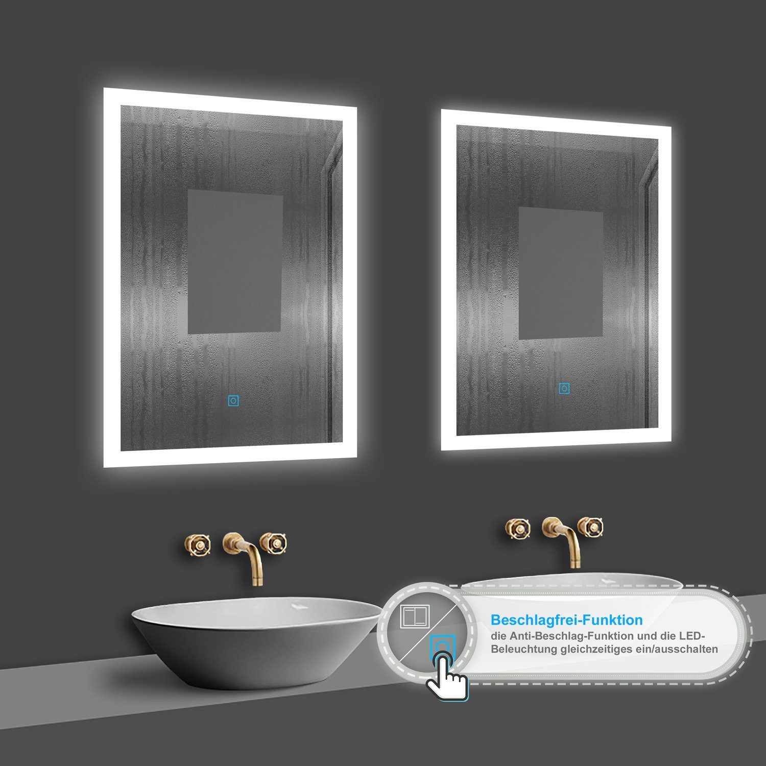 50-120 Touch-Schalter LED-Lichtspiegel Badspiegel 3 cm, duschspa Lichtfarbe-Warm/Neutral/Kaltweiß