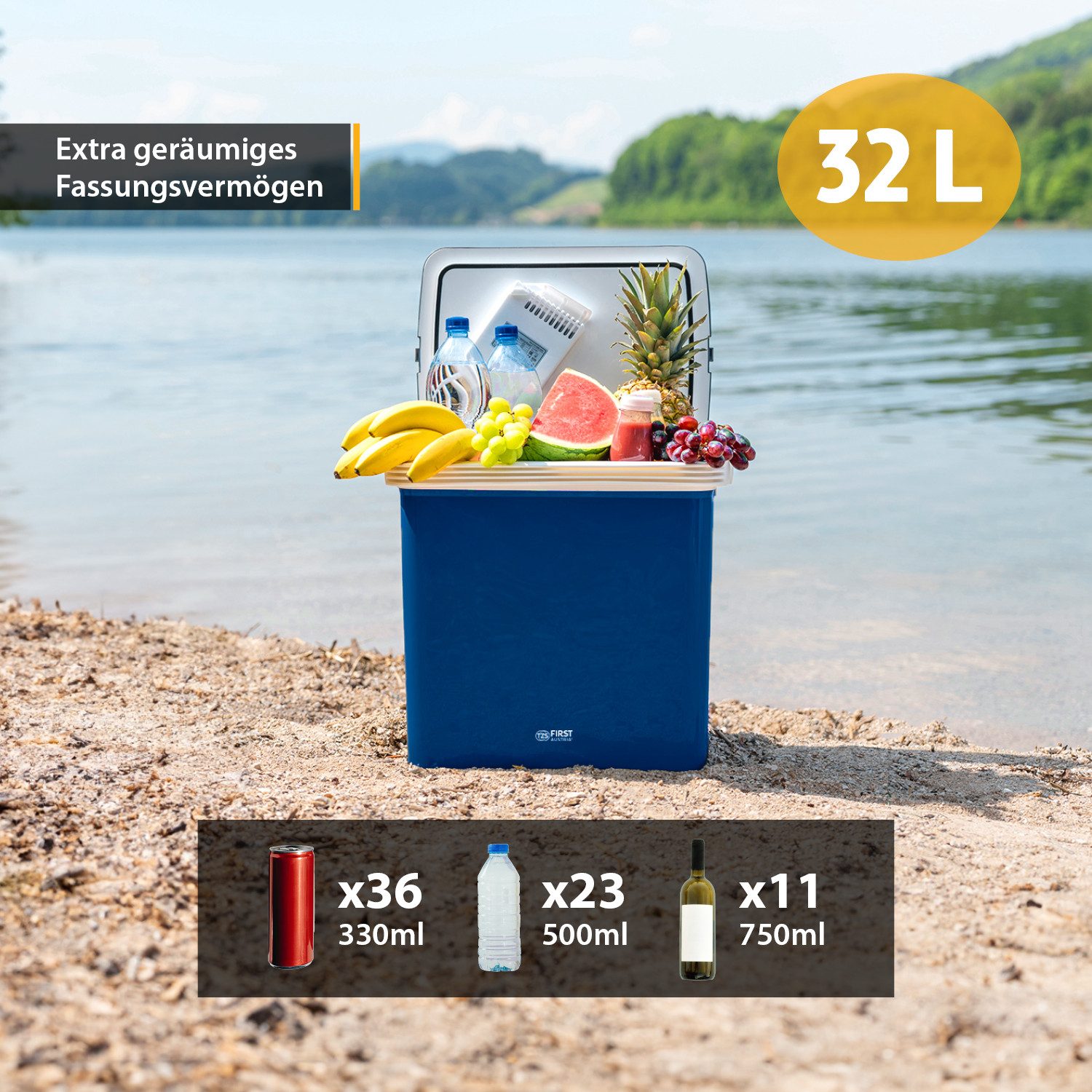 TZS FIRST AUSTRIA Elektrische Kühlbox 32L, Mini-Kühlschrank, 12V /230V Anschluss, 12-V-Stecker fürs Auto, für Camping, Festivals, Reisen, mit Kühl- und Warmhaltefunktion