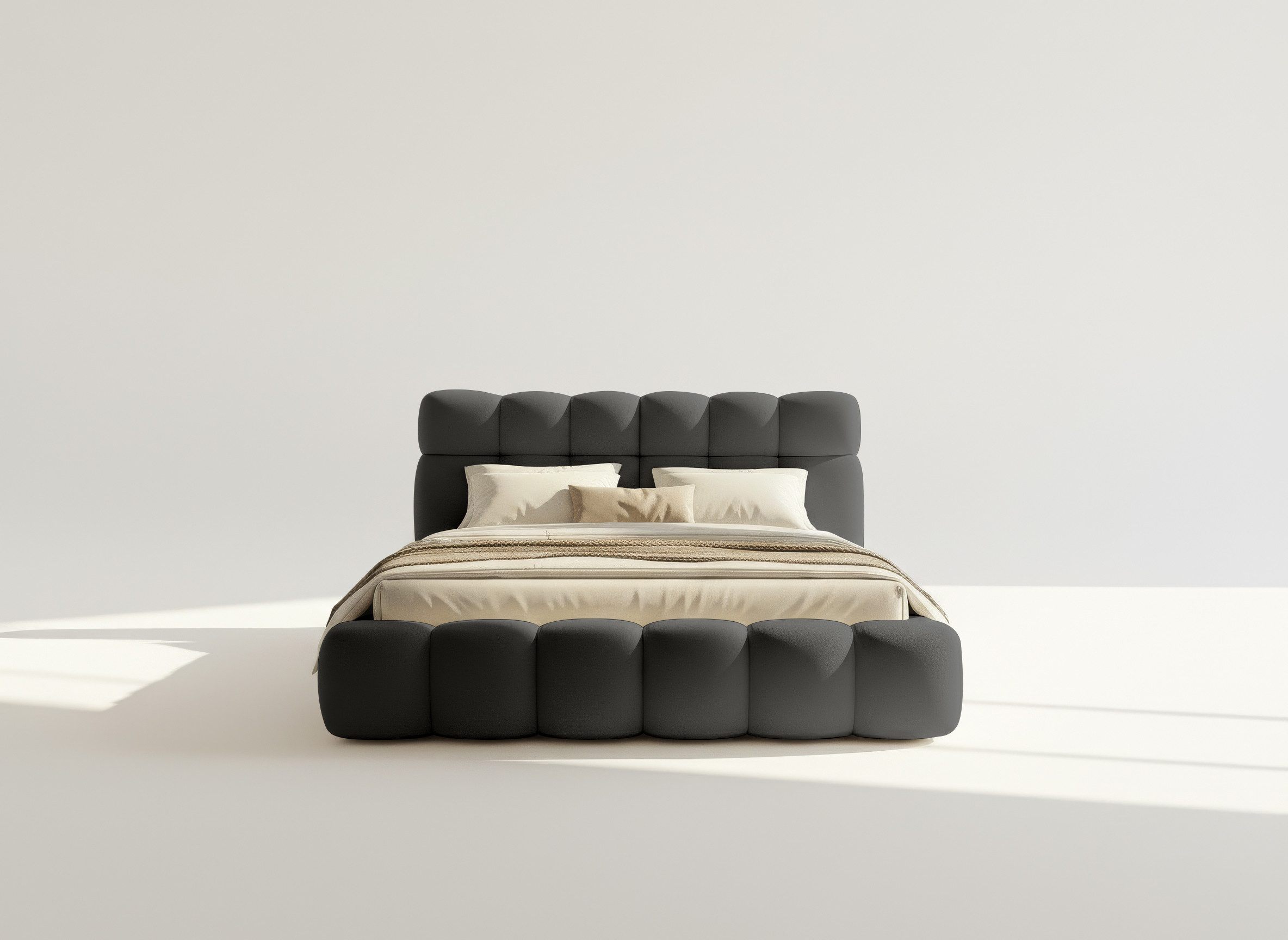 thematys Polsterbett mit Bettkasten, CLOUD 140x200 160x200 180x200 200x200cm (Kopfteil im Oversize-Look und Stauraum – weich, modern und pflegeleicht), hochwertiger Davis-Stoff in Grafit, Grau, Weiß, Beige und Kreme