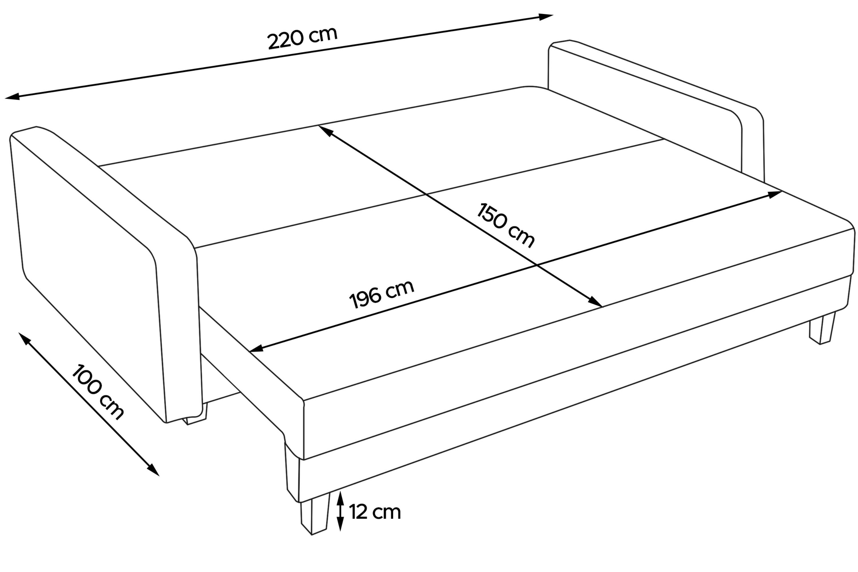 Chenille-Oberstoff, Sofa 3-Personen, Konsimo 196x150 mit cm, Liegfläche Schlafsofa Schlaffunktion ERISO