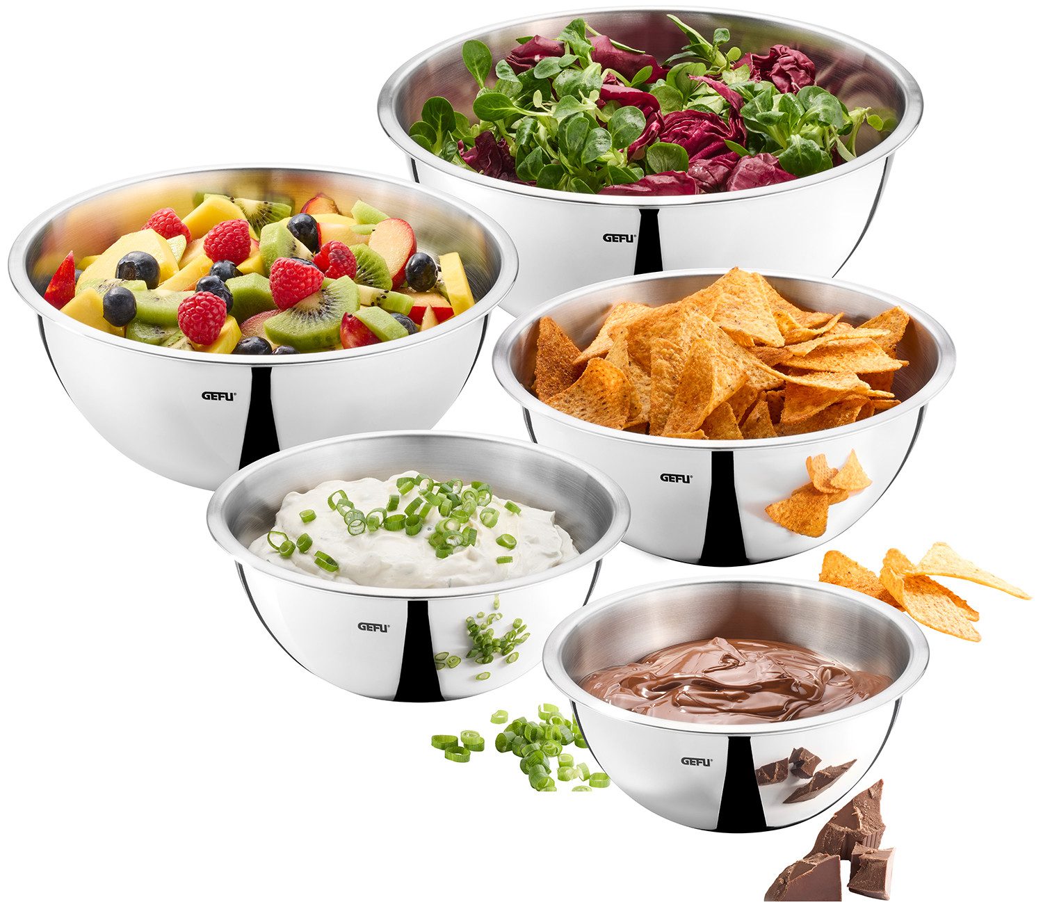 GEFU Rührschüssel Edelstahlschüssel-Set, 5-teilig Schüssel-Set, Edelstahl, (Set, 5-tlg), stapelbar, praktischer Schüttrand für tropffreies Ausgießen