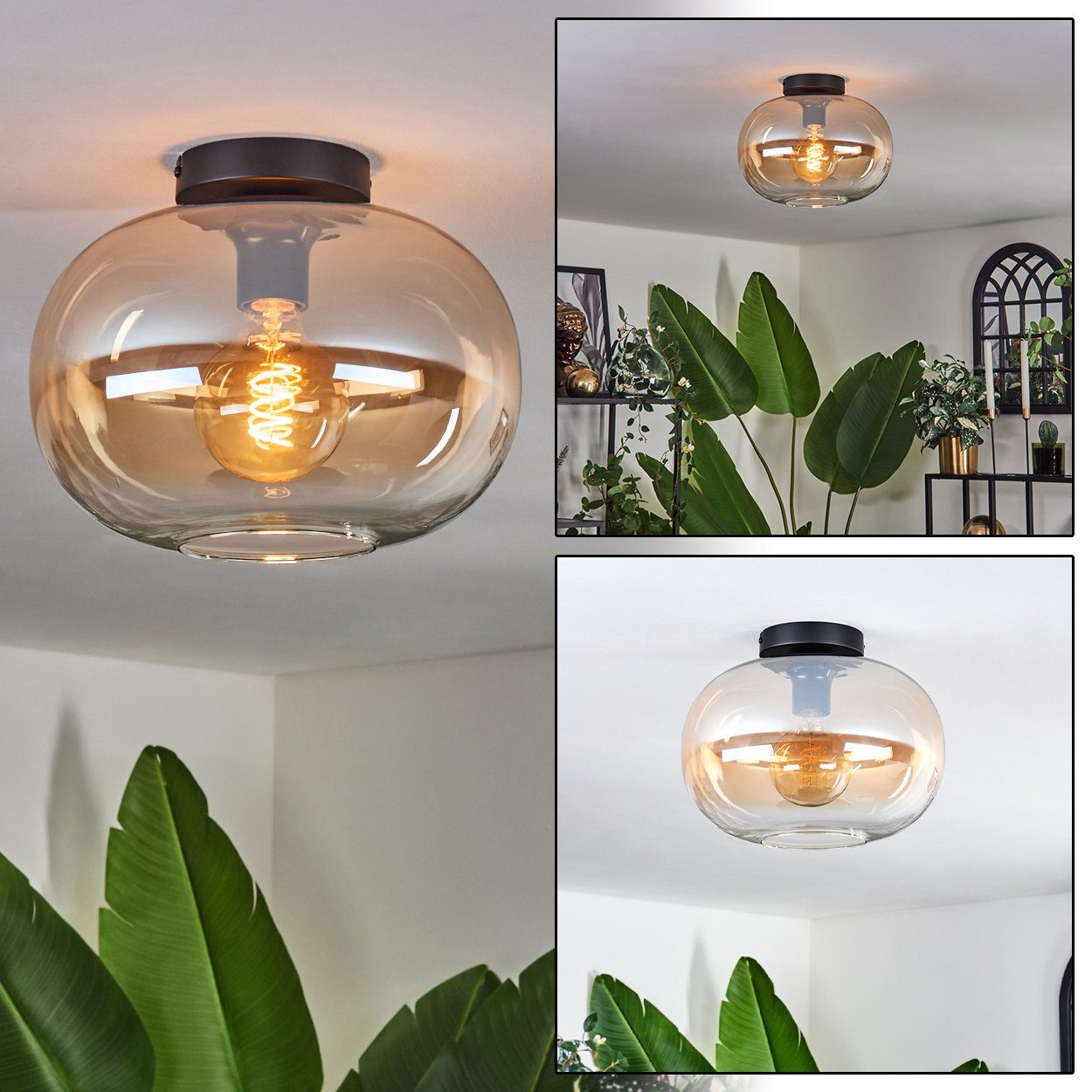 hofstein Deckenleuchte Deckenlampe aus Metall/Glas in Schwarz/Bernsteinfarb günstig online kaufen