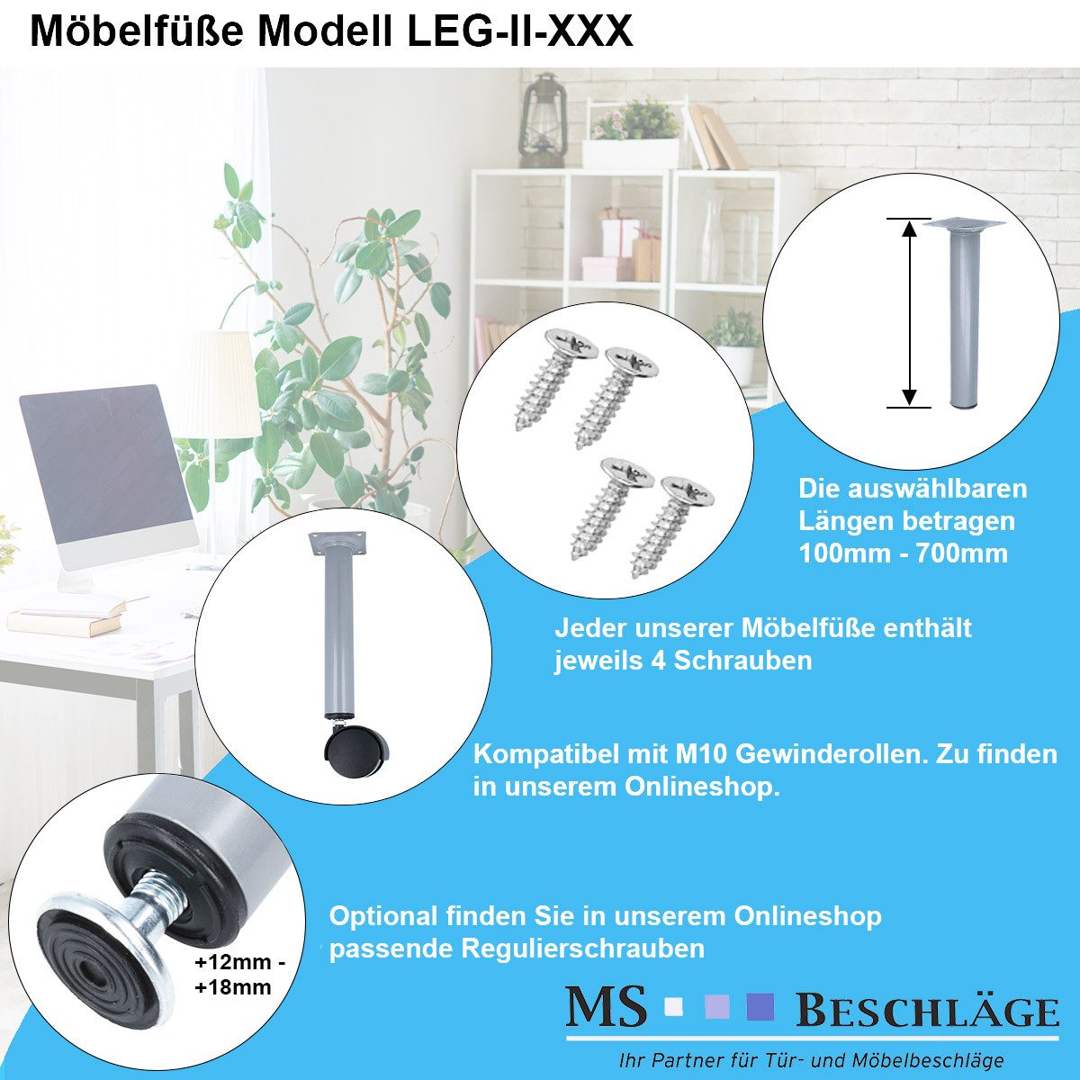 MS Beschläge Möbelfuß 4er Set Silber Möbelbeine Möbelstützen Tischbeine