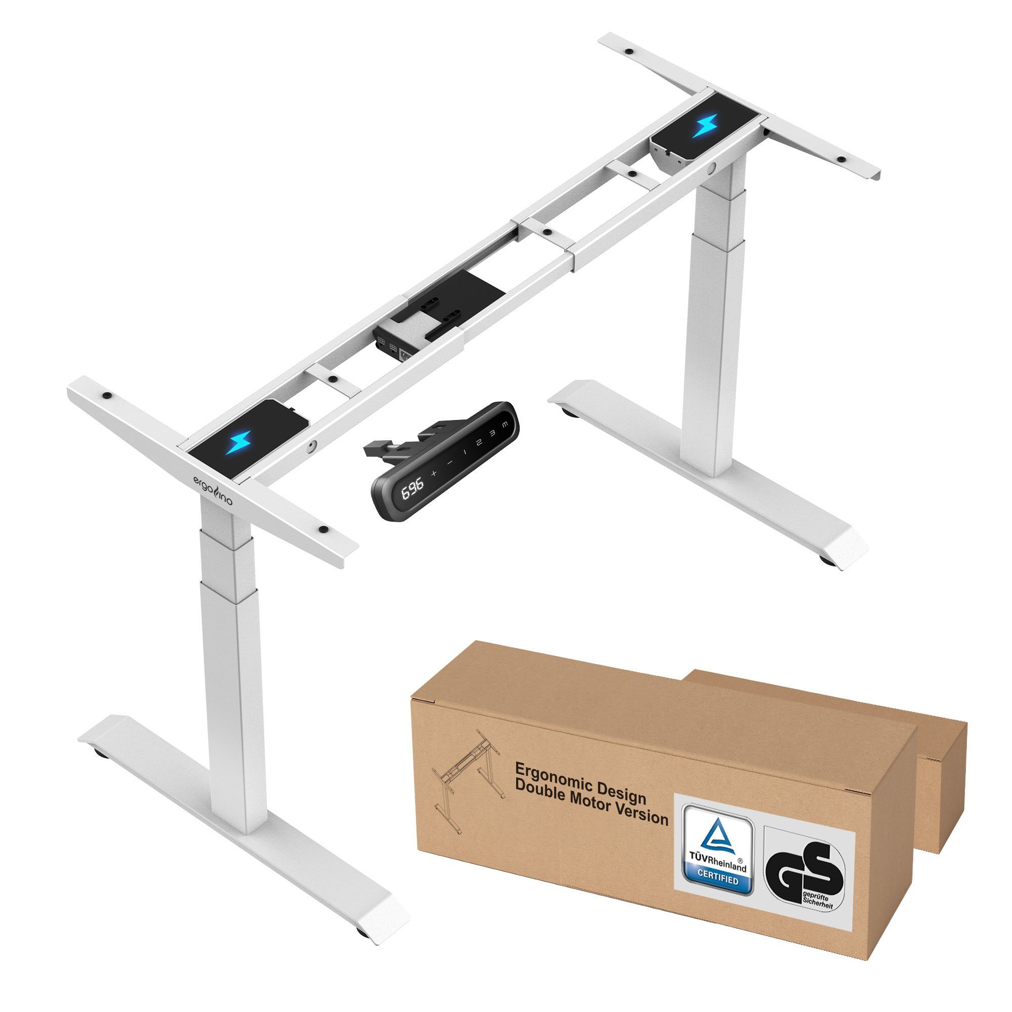 ERGOFINO Schreibtisch Höhenverstellbarer Schreibtisch Gestell - GS-Zertifiziert (2 Motoren, Schreibtisch Höhenverstellbar Elektrisch 3-Fach Teleskop mit Memory-Steuerung), Hohe Tragfähigkeit - DT30 PRO (Weiß)