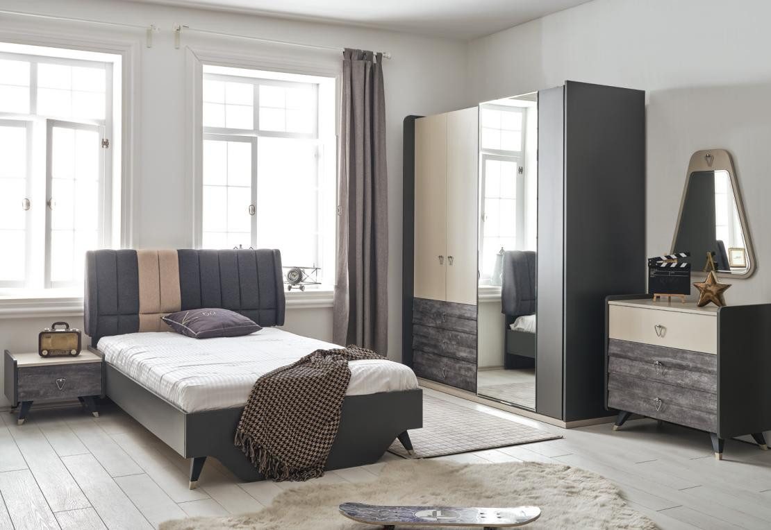 JVmoebel Jugendzimmer-Set Elegantes graues Schlafzimmer-Set aus Holz und Glas für Jugendliche, (7-tlg., Bett, Nachttisch, Kleiderschrank, Kommode, Schreibtisch, – Bild 2 von 4
