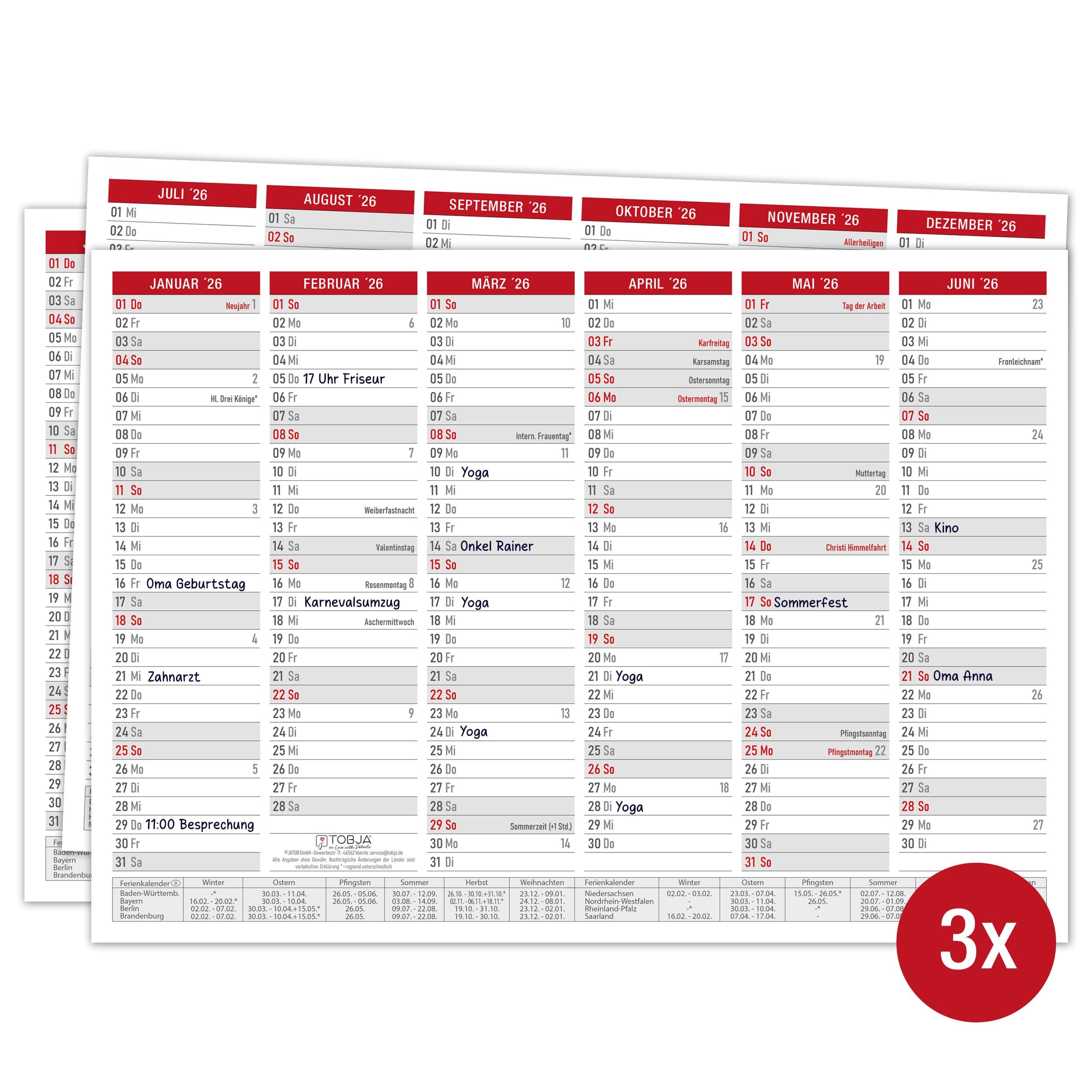 TOBJA Настінний календар A4 Tafelkalender Rot 2026 3er Set, Настінний календар, Jahresplaner, Schulferien, Feiertage, Календарі 2026
