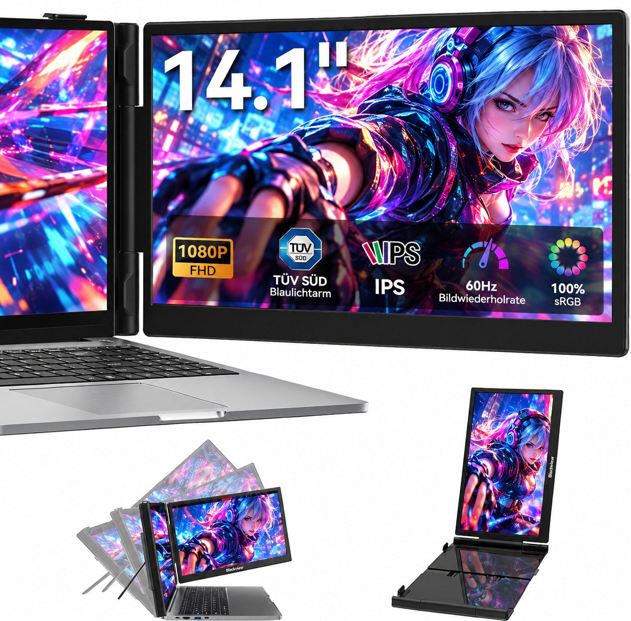 blackview Laptop Monitor Erweiterung 14" FHD 1080P IPS für 13"-17" Laptops Portabler Monitor (1920x1080 px, Full HD, IPS, 995g, 180°, 13,3-17,3 Zoll & Windows/Mac/Android/Chrome-Kompatibilität)
