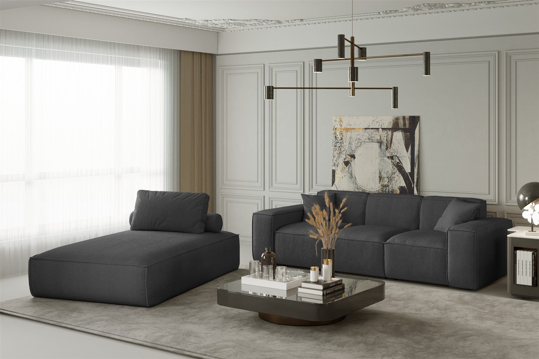 2-teilig CELES Sofa-Set (Sofa-Set CELES, Chaiselongue Möbel und 2-teilig 3-Sitzer) Polstergarnitur 3-Sitzer Chaiselongue und Fun