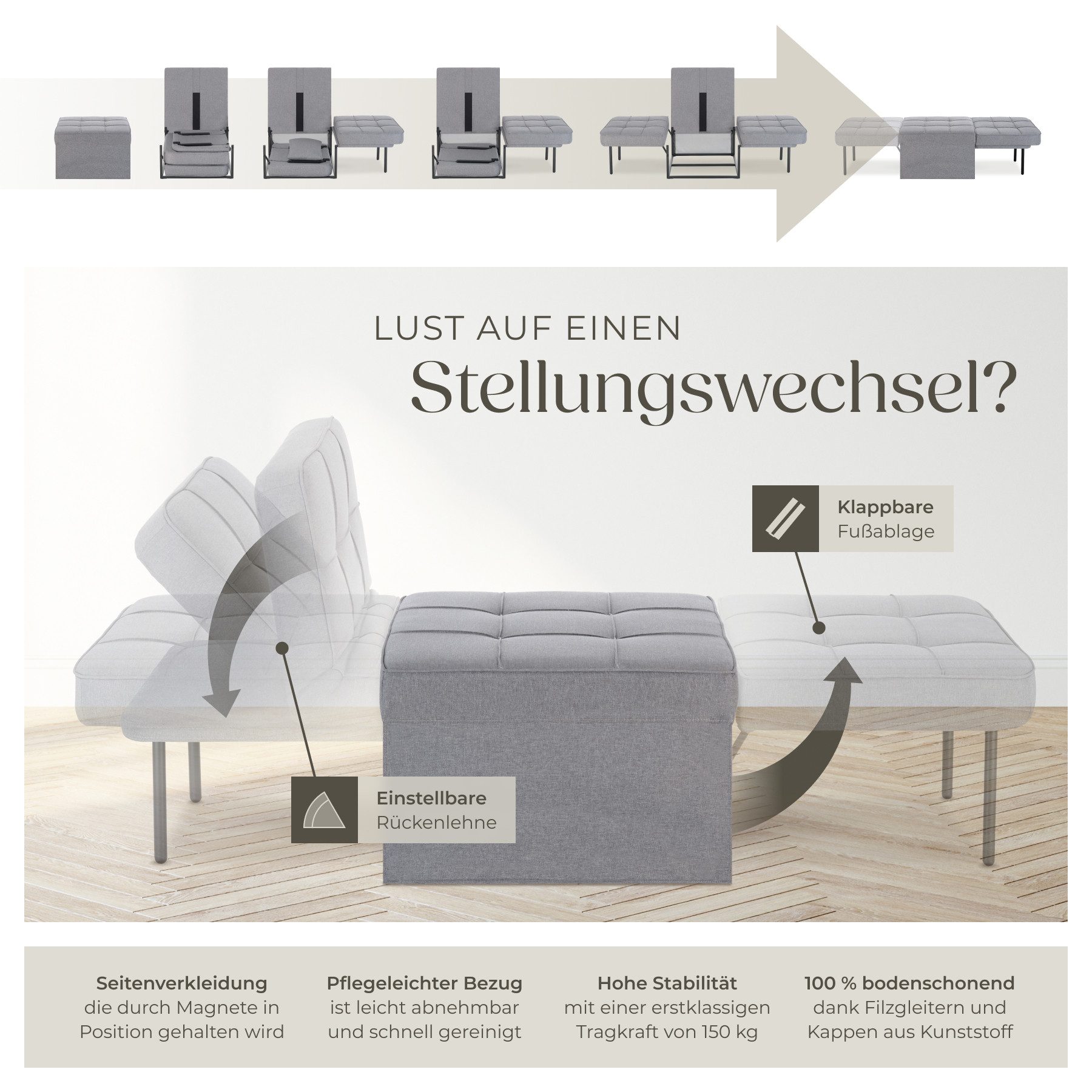 tectake Relaxsessel gepolsterter Schlafhocker mit extra Kopfkissen, Belastbarkeit 150 kg (Schlafsessel Ponto, in Grau), 4 in 1, 6-fach verstellbare Rückenlehne, stabiles Stahlgestell