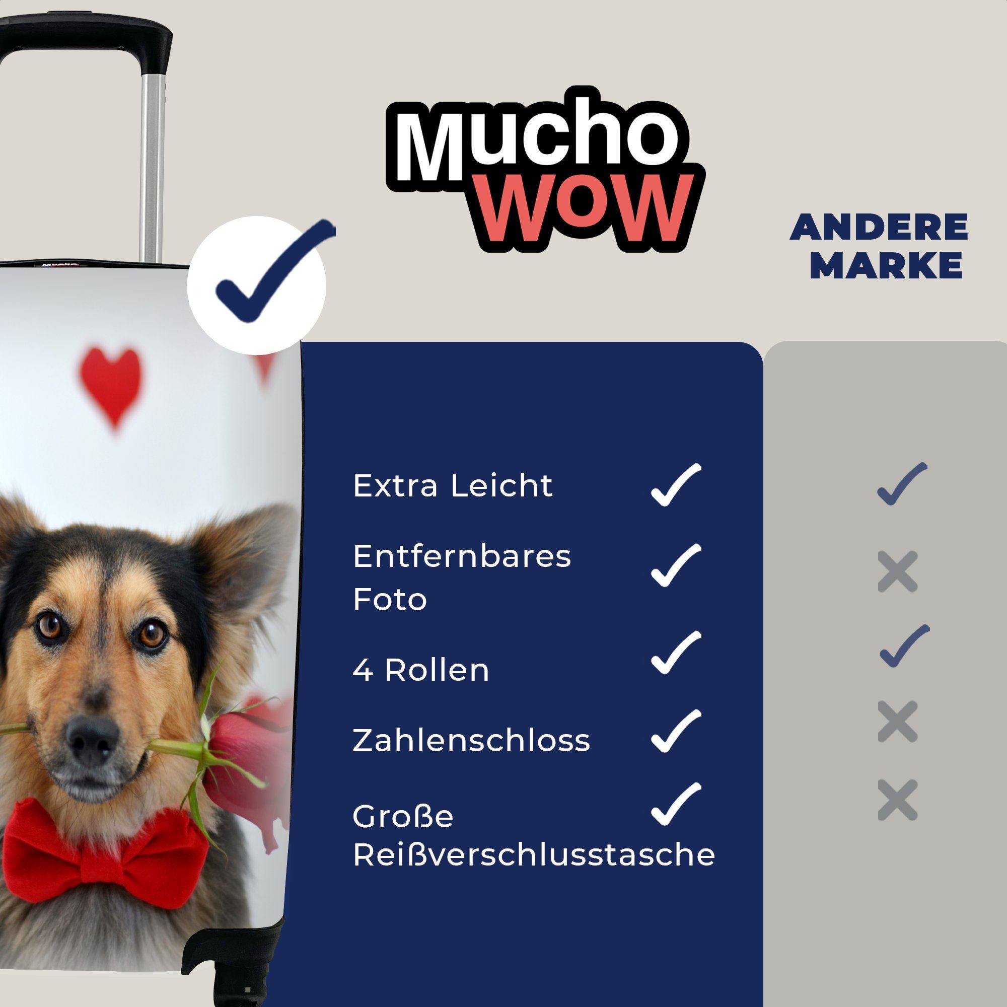 Reisekoffer - MuchoWow Rosen Trolley, 4 für Reisetasche Rot, Handgepäckkoffer mit Handgepäck Rollen, Hund rollen, Ferien, -
