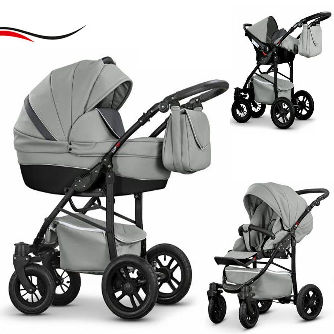 babies-on-wheels Kombi-Kinderwagen 3 in 1 Kinderwagen-Set Cosmo ECO - 16 Teile - in 29 Farben Grau-Schwarz Kunstleder