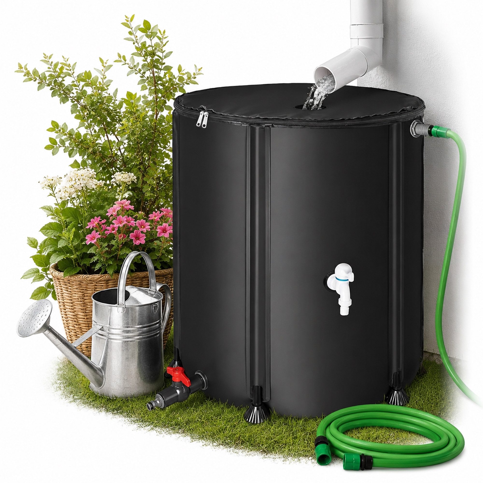 Mucola Regentonne Regenwassertonne faltbar Regenfass Wassertank Regenwassertank mit Hahn, 100 l, (Stück, Stück), inkl. 2 Meter Wasserschlauch mit Anschluss