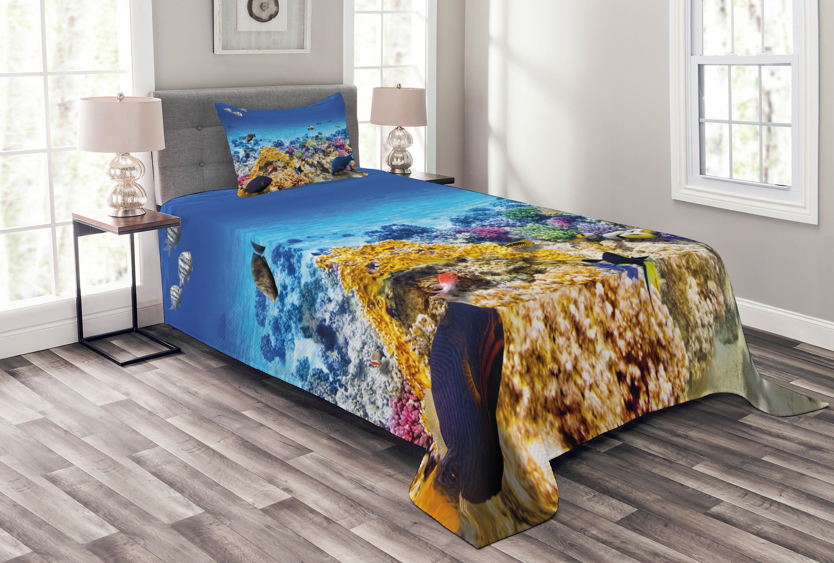 Tagesdecke Waschbar, mit Abakuhaus, Ozean Set Korallen Goldfish Kissenbezügen Fisch