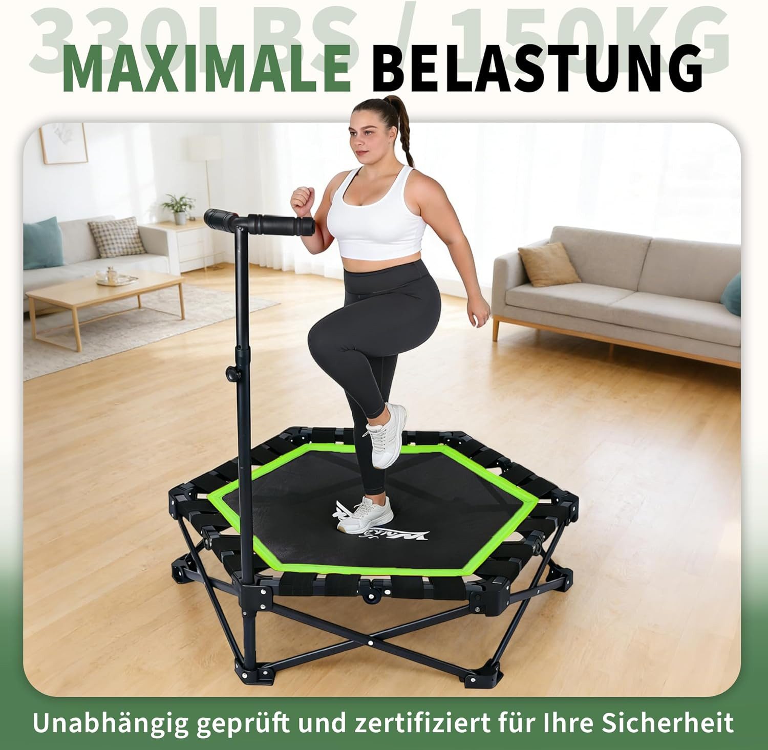 ZMH Fitnesstrampolin Trampolin Indoor Klappbar - mit Höhenverstellbarer Handgriff, Tragkraft 120 kg - Ø 86.5 cm - Jumping Trampolin Fitness