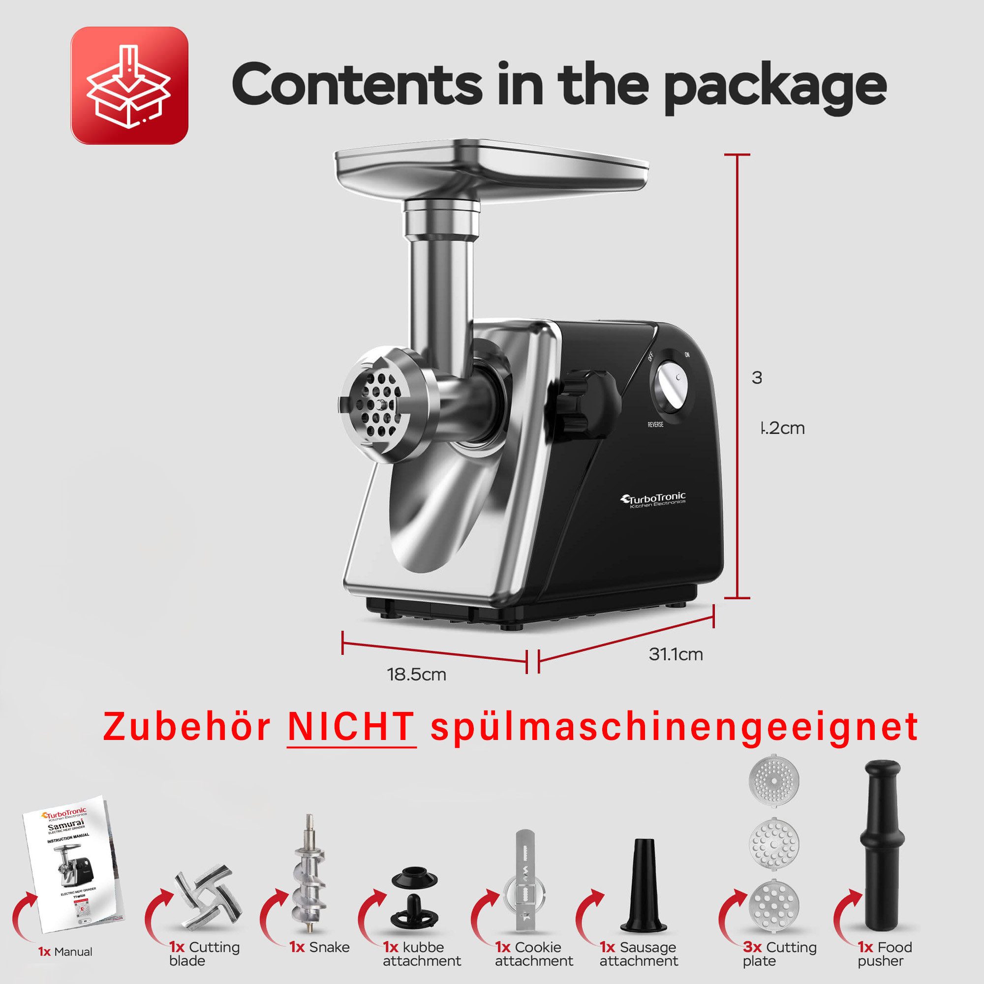 TurboTronic by Z-Line Fleischwolf 2000 W Edelstahlklinge Metallgetriebe mit Spritzgebäckvorsatz Mett, 2000 W, Wurstfüller Hackfleisch Kebbeh Meat Grinder Mincer beste Zerkleinerer