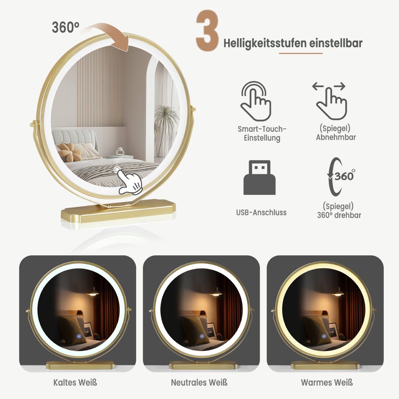 Woltu Schminktisch, mit LED Beleuchtung und Samthocker, 3 Schubladen