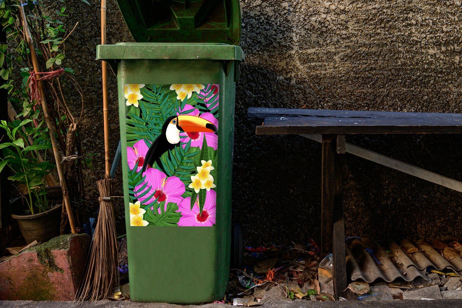 MuchoWow Wandsticker Frühling Illustration Tukan St), (1 Mülltonne, Sticker, Container, Abfalbehälter Mülleimer-aufkleber
